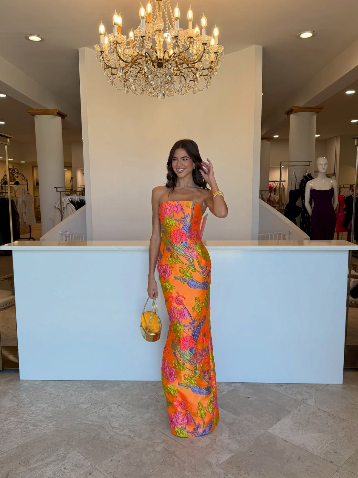Strapless Floral Jacquard Floor-Length Gown