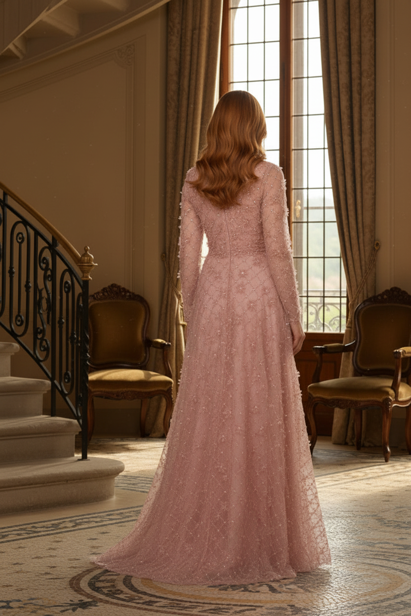Floral Sequin Embellished Long Sleeve Evening Gown
