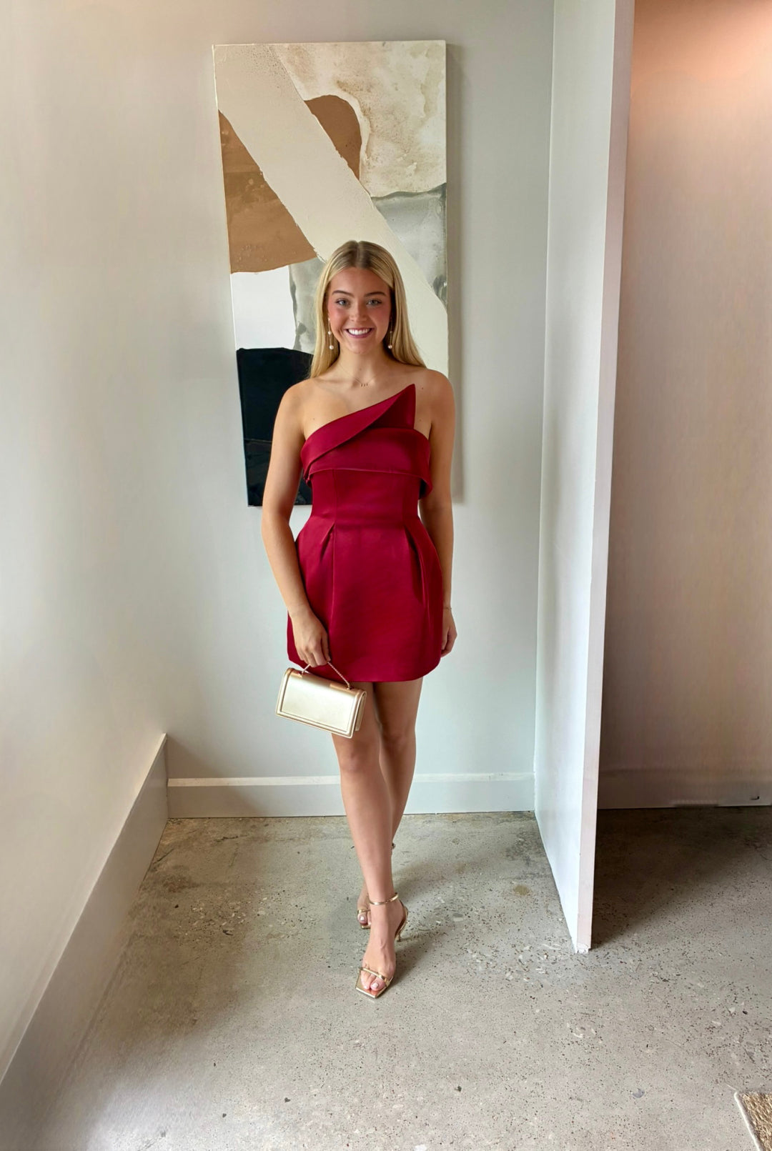 Strapless Asymmetrical Pleated Satin Cocktail Dress