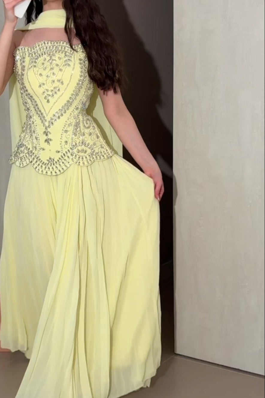 Beaded Halter-Neck Evening Gown with Pleated Skirt