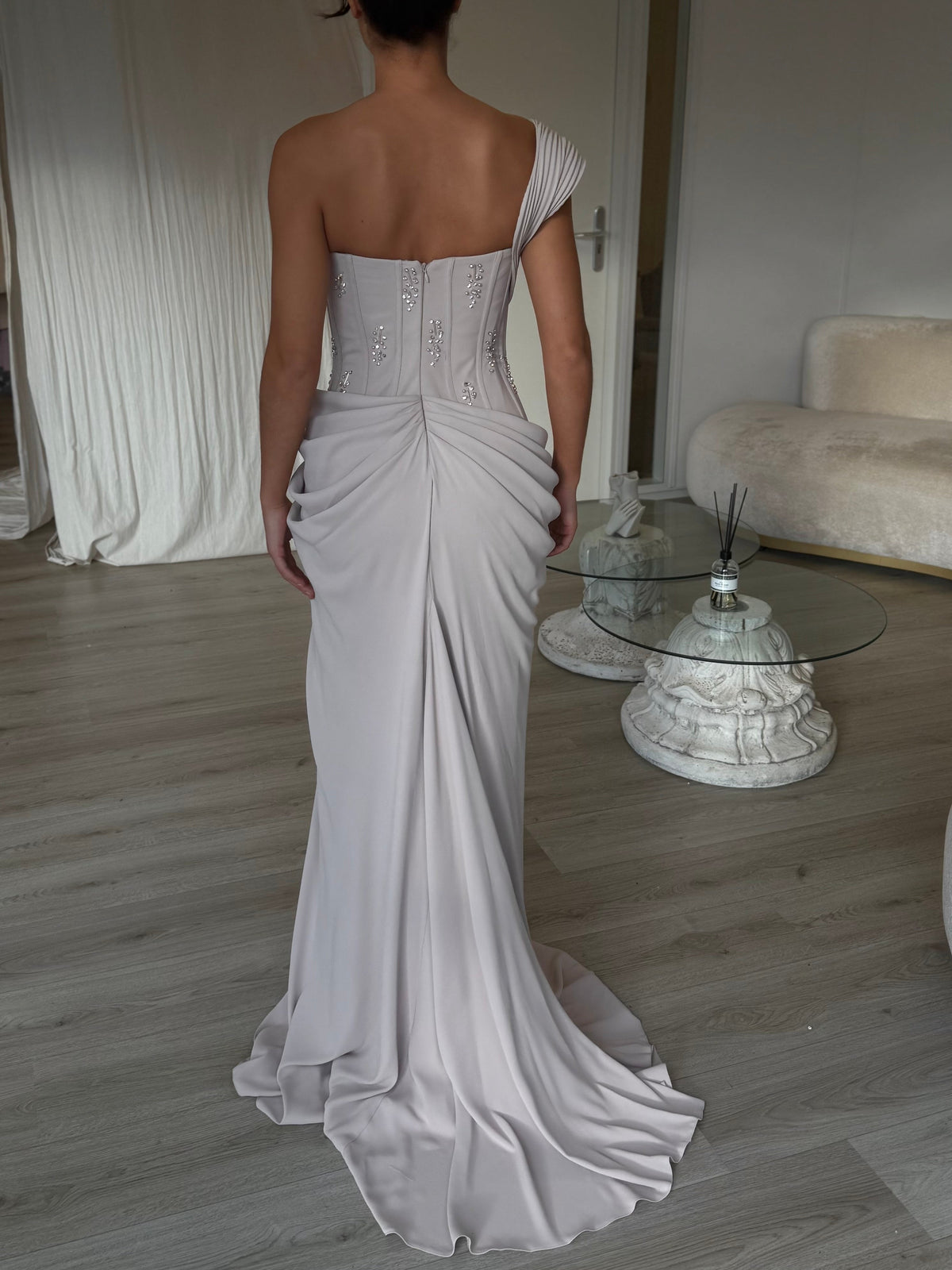 One-Shoulder Beaded Corset Draped Evening Gown
