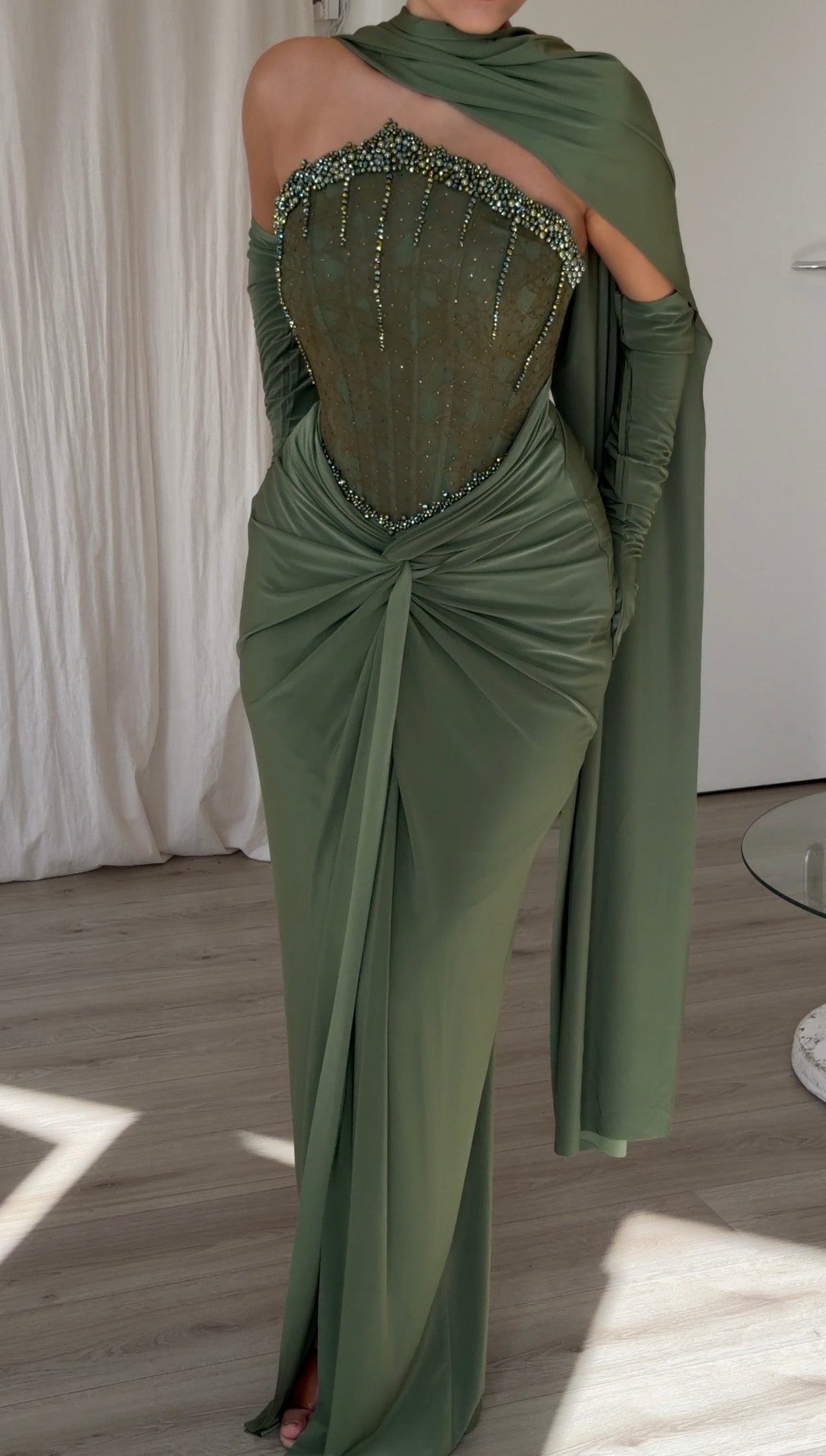 Beaded Corset Evening Gown with Scarf Drape