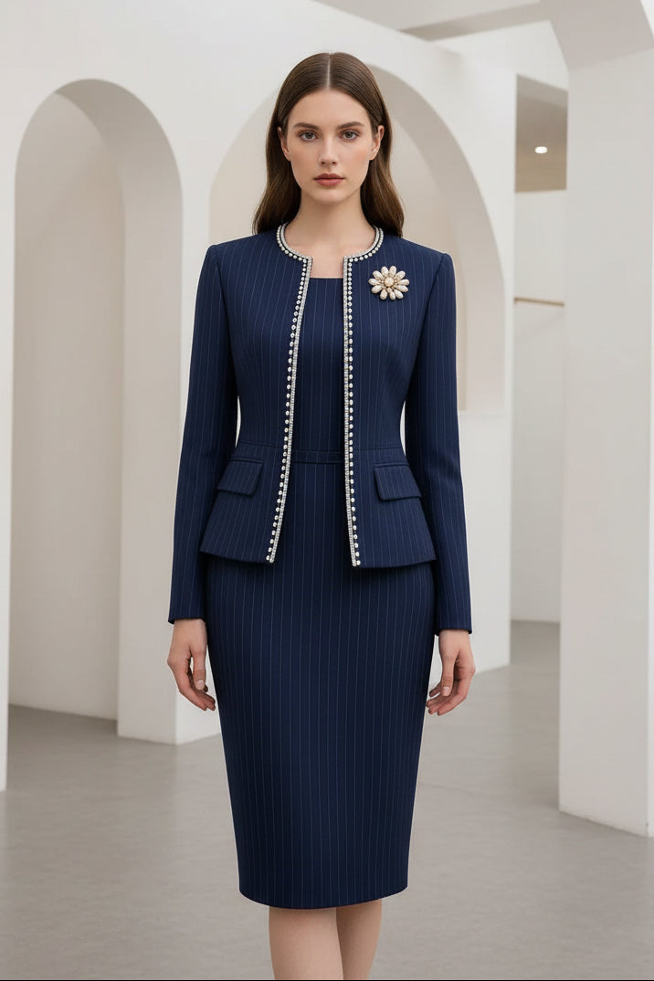 Pinstripe Pearl-Trim Jacket & Midi Sheath Dress Set