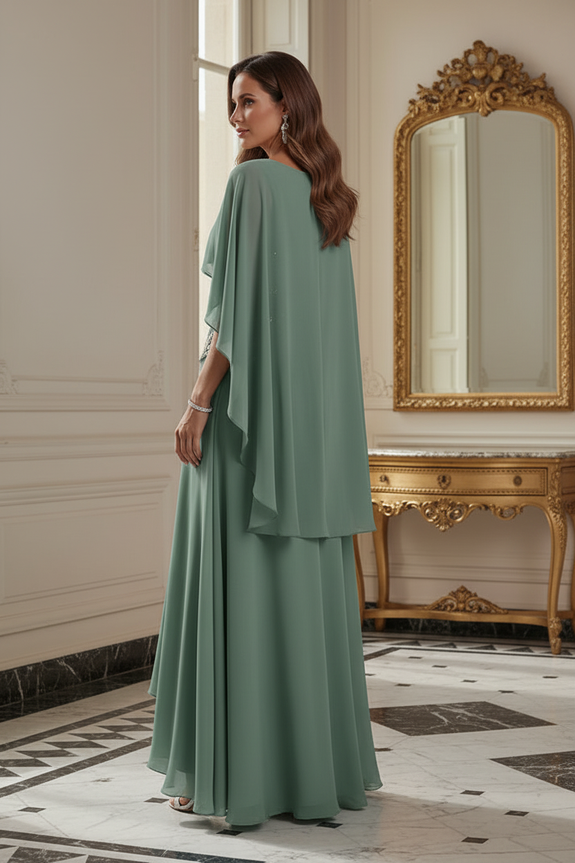Chiffon Cape Evening Gown with Embroidered Bodice