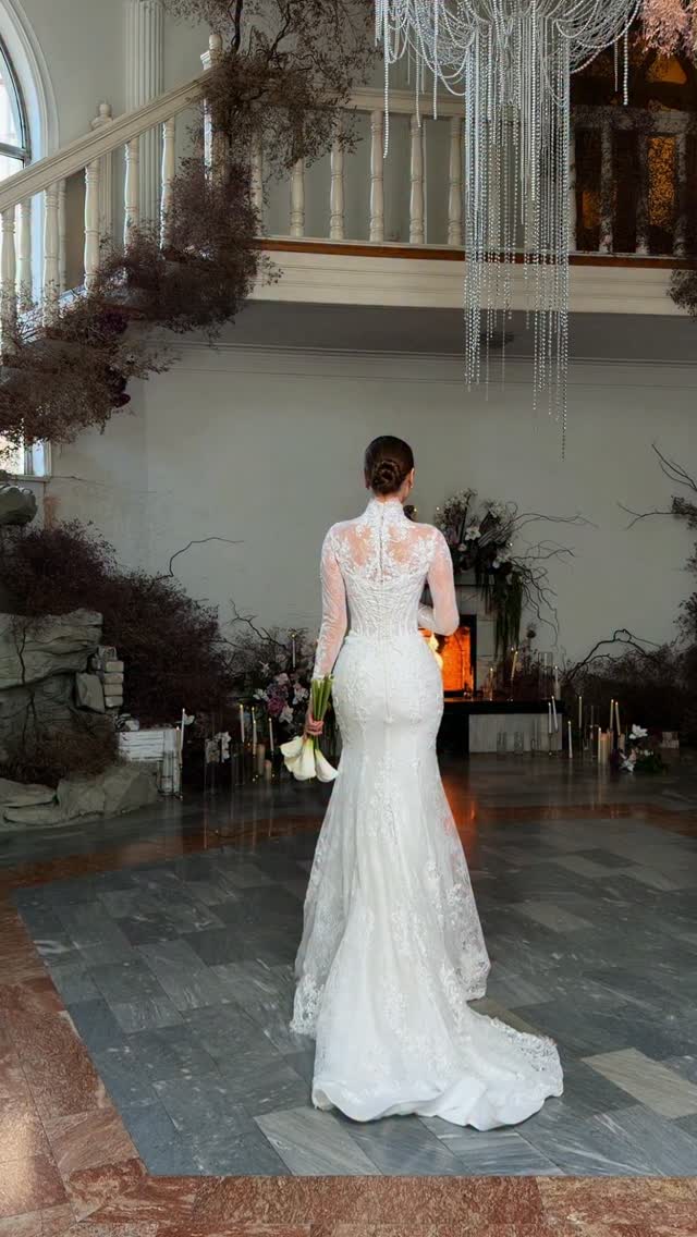 Illusion High Neck Long Sleeve Lace Mermaid Wedding Dress