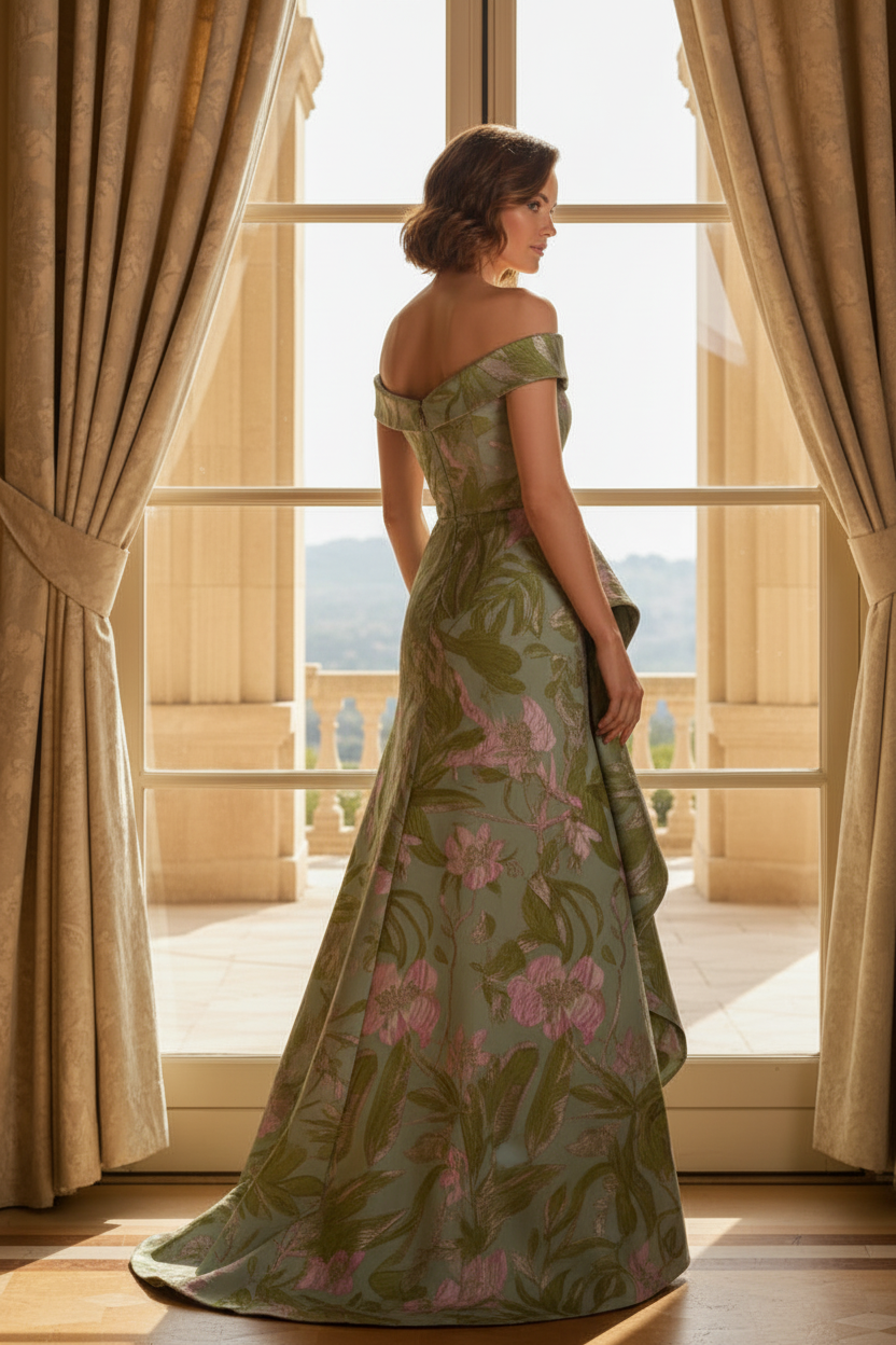 Off-the-Shoulder Floral Jacquard Gown with Ruffle Overlay