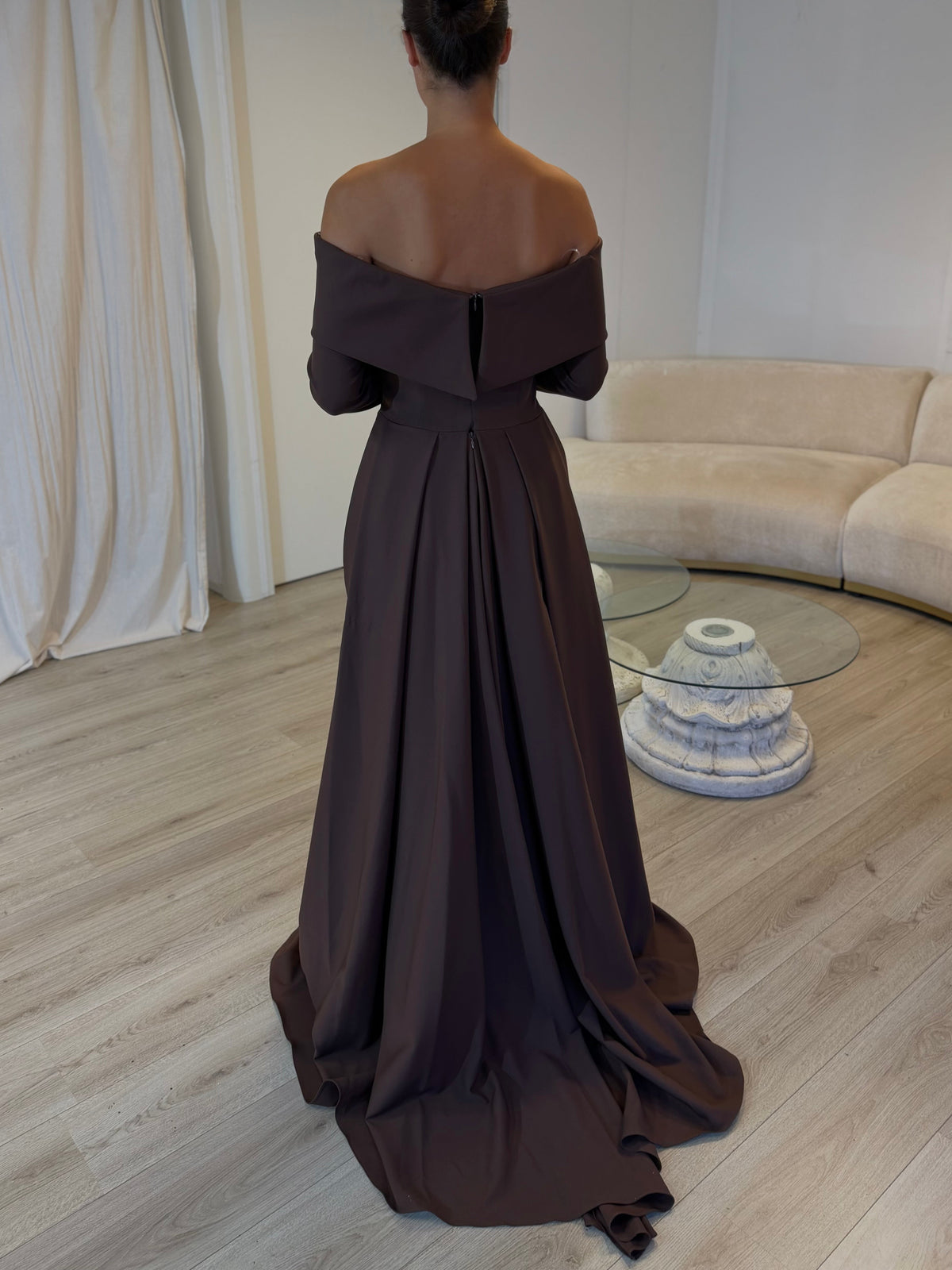 Off-the-Shoulder Pleated Waist Gown with Train