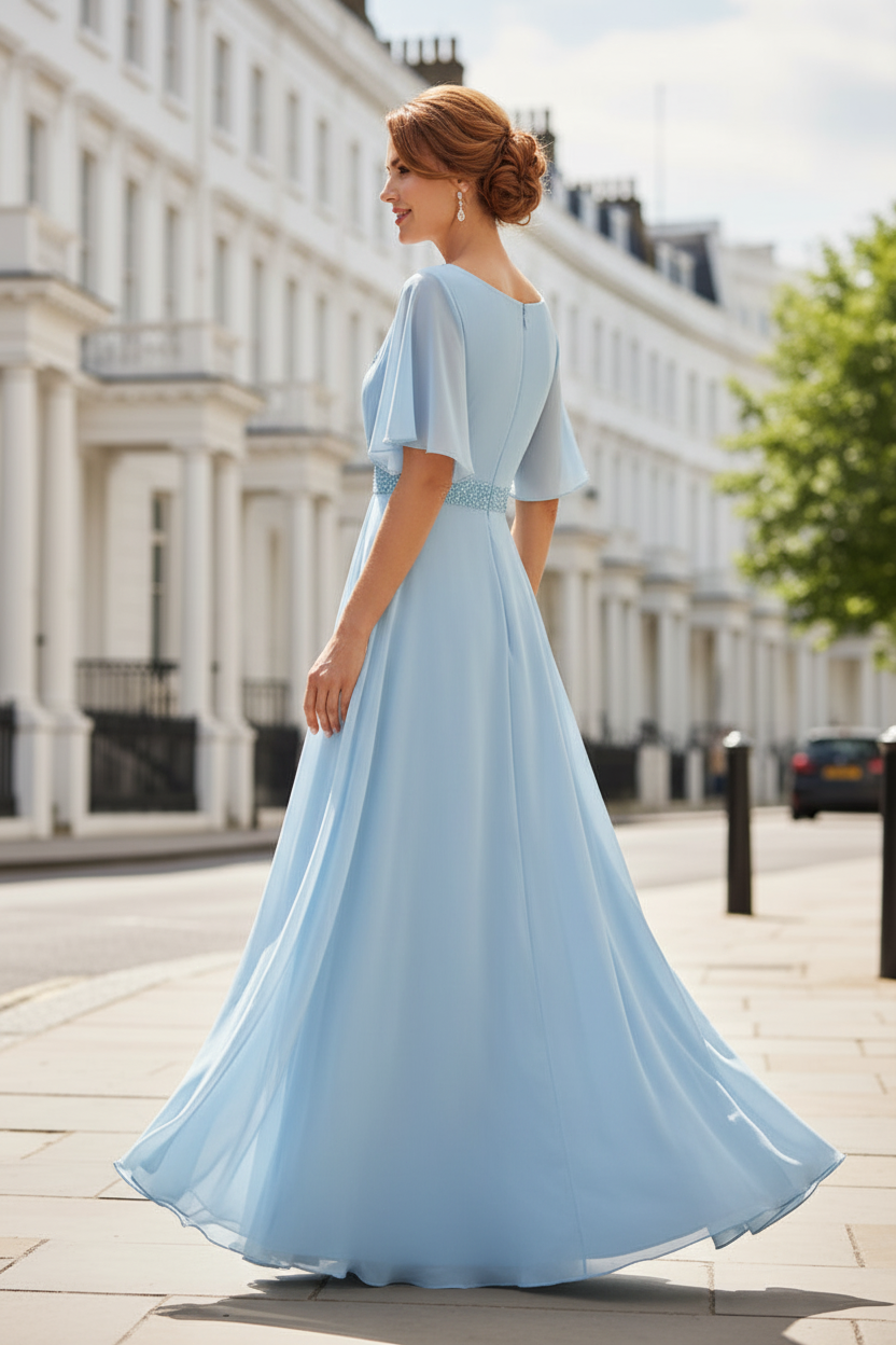Beaded V-Neck Chiffon Gown with Flutter Sleeves