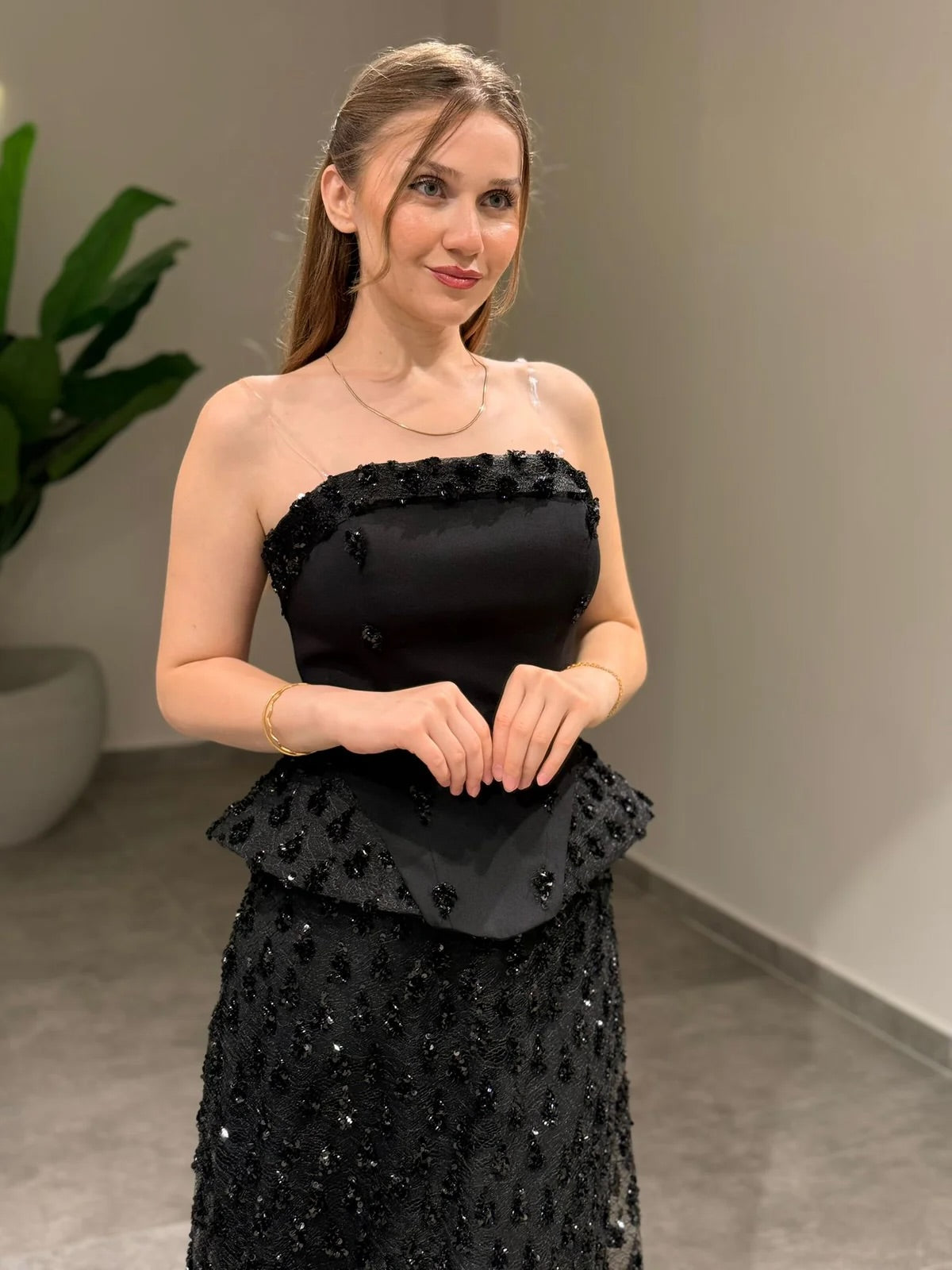 Strapless Peplum Sequin Evening Gown