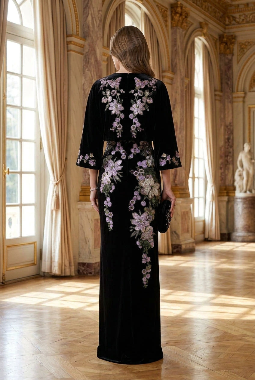 Velvet Column Gown with Floral Beading & Cape