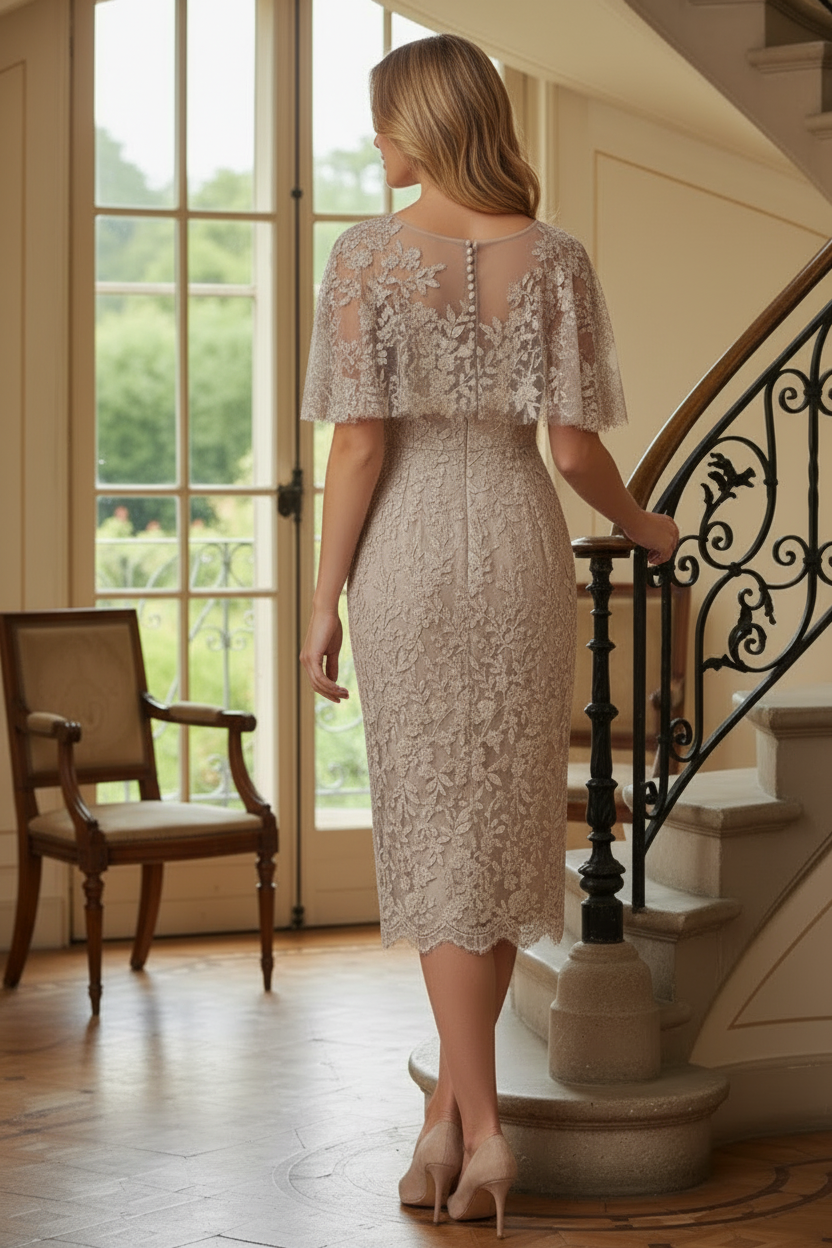 Lace Sheath Midi Dress with Illusion Capelet