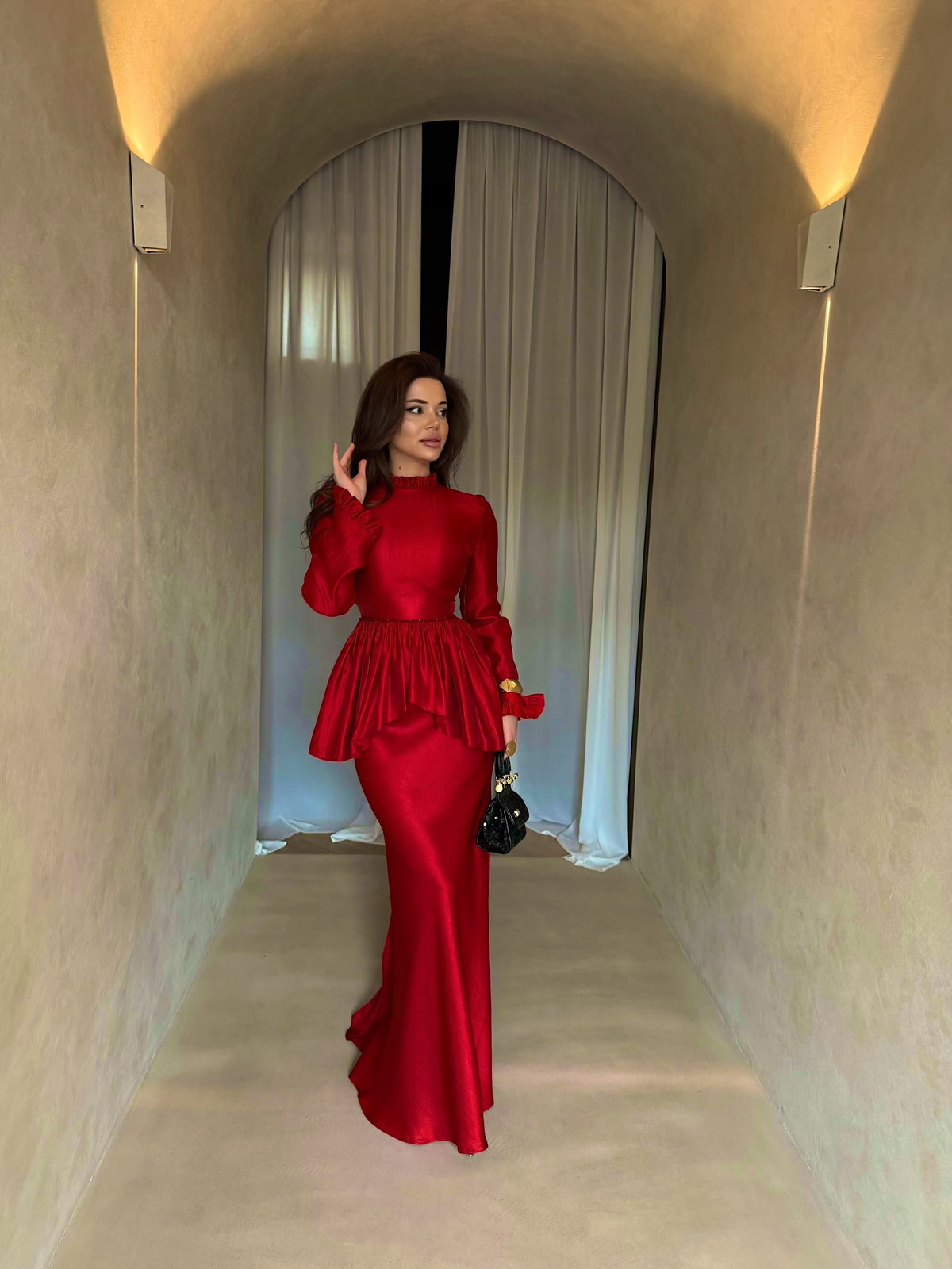 High-Neck Peplum Maxi Dress with Ruffled Cuffs
