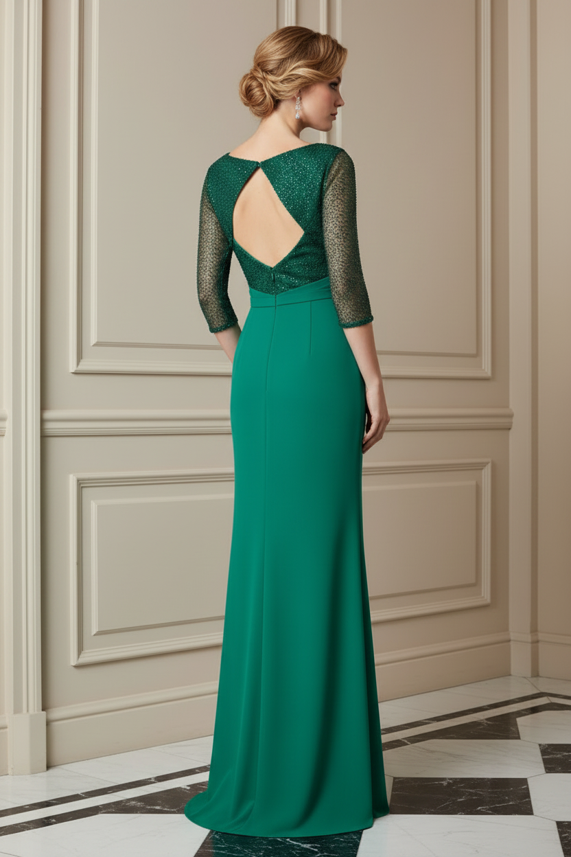 Sequin Bodice 3/4 Sleeve Formal Evening Gown