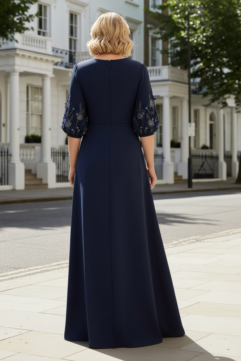 Bishop Sleeve A-Line Evening Gown with Floral Cuffs