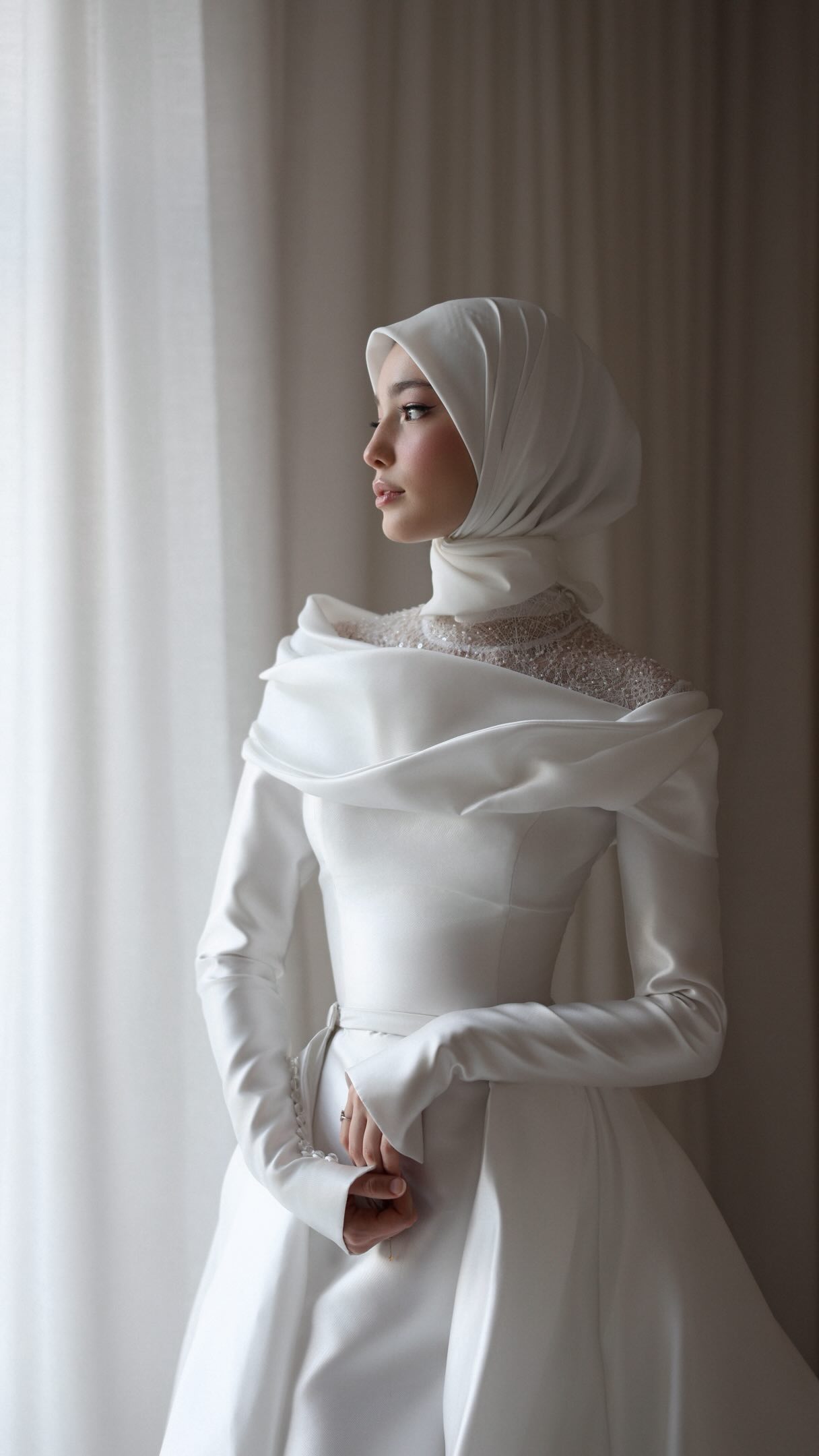 High-Neck Long Sleeve Satin Ball Gown Wedding Dress