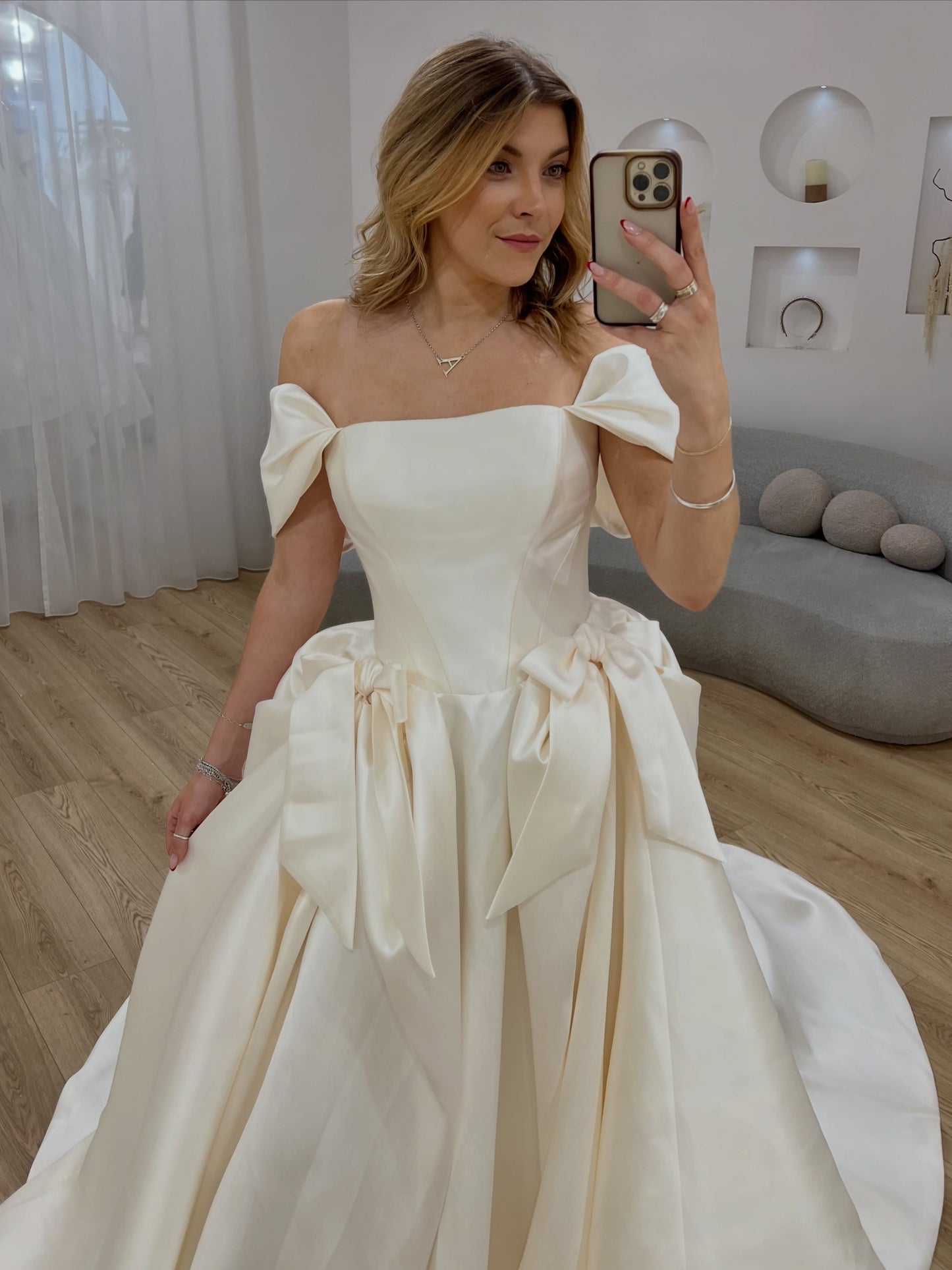 Off-the-Shoulder Bow Detail Ball Gown Wedding Dress