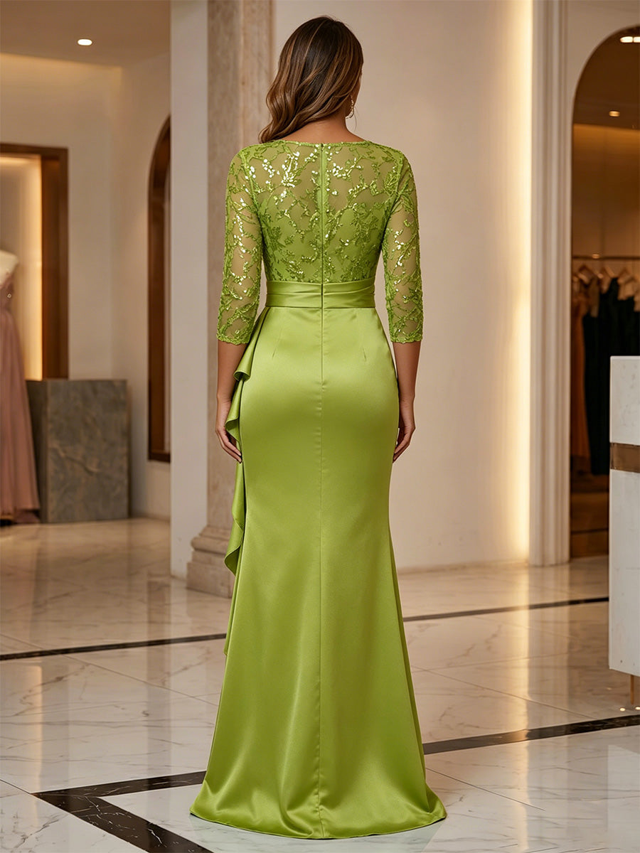 Illusion Neck Satin Gown with Cascading Side Ruffle