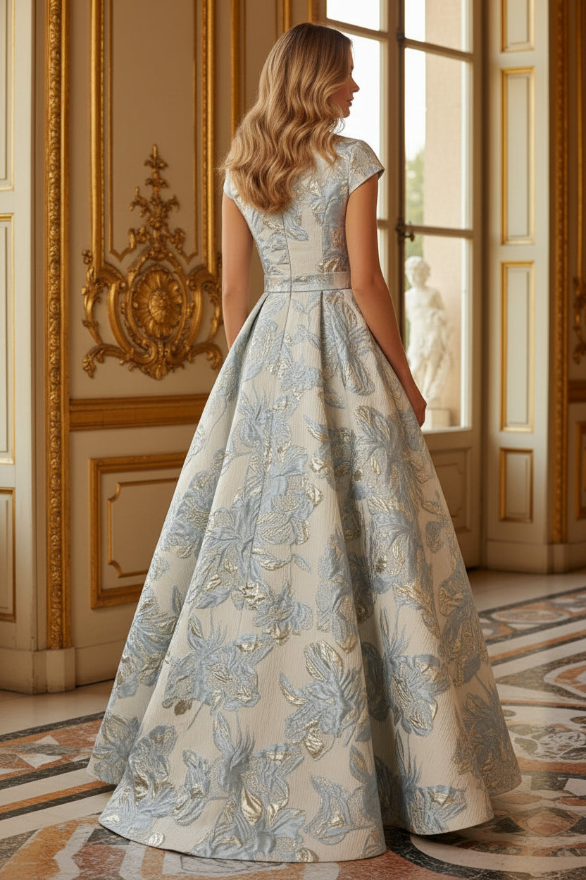 Floral Jacquard Lapel V-Neck A-Line Gown