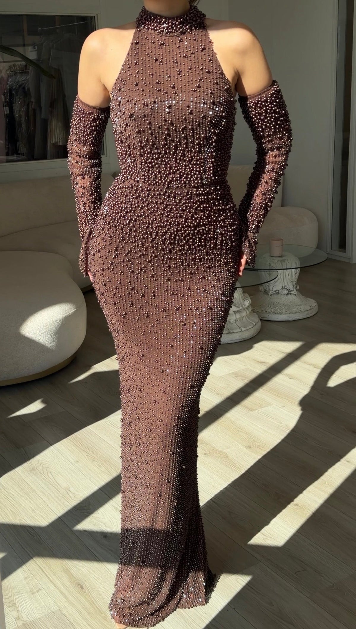 Pearl Embellished Halter Maxi Dress with Sleeves