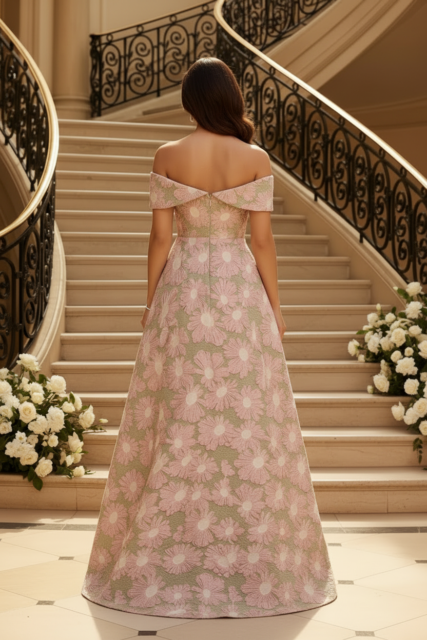 Asymmetrical Ruffled Off-the-Shoulder Floral Gown