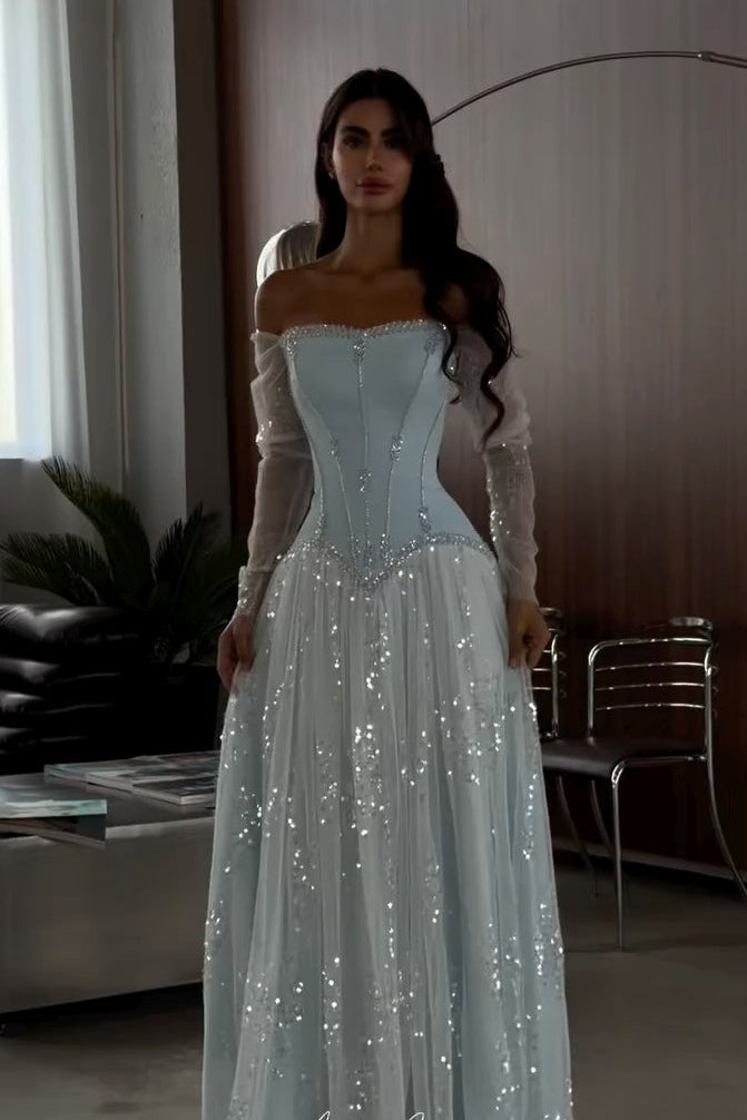 Corset Evening Gown with Sequins and Sheer Sleeves