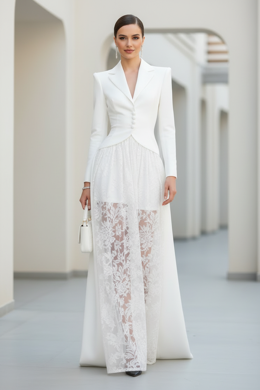 Blazer-Top Lace Skirt Long Sleeve Formal Gown