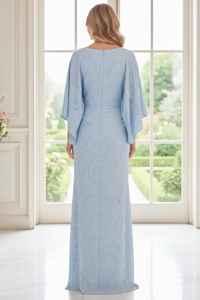 Elegant Light Blue Jacquard Bateau Neck Half Sleeve Maxi Dress with Pockets