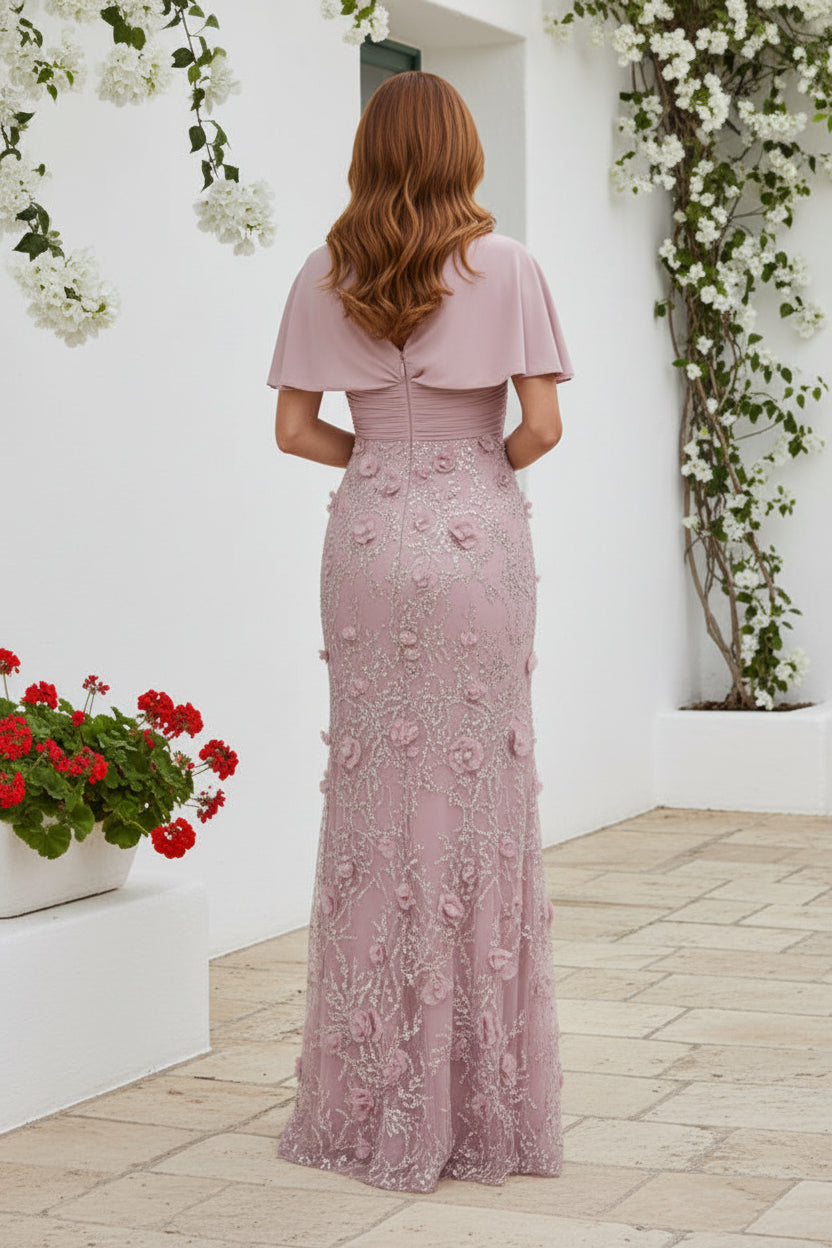 Ruched Capelet Gown with 3D Floral Appliques