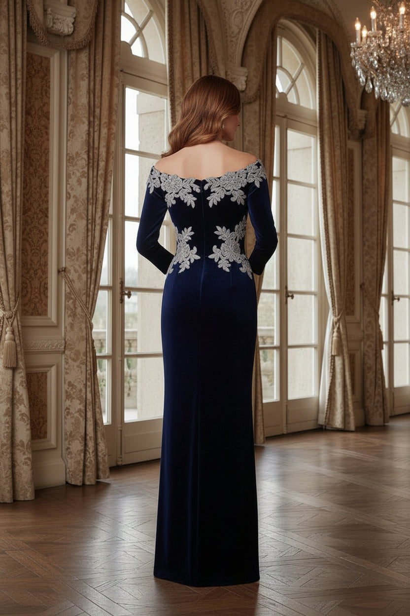 Off-the-Shoulder Embroidered Velvet Evening Gown