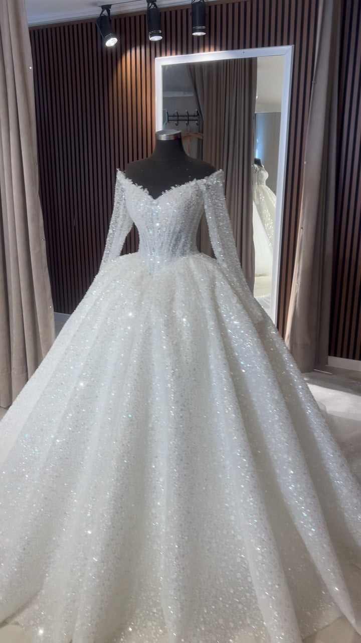 Sparkle Ball Gown Wedding Dress with Long Sleeves