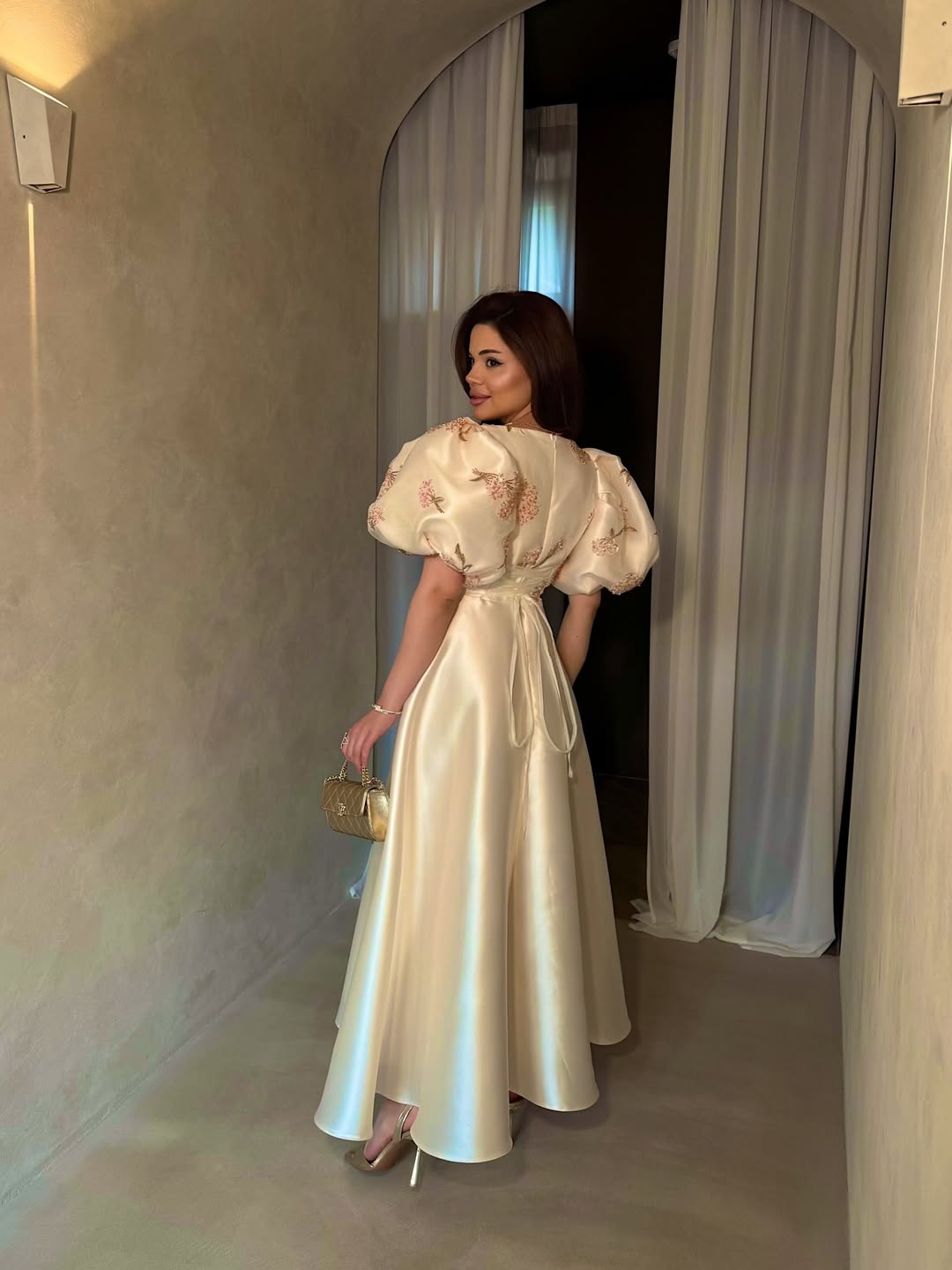 Floral Embroidered Puff Sleeve Satin Maxi Dress
