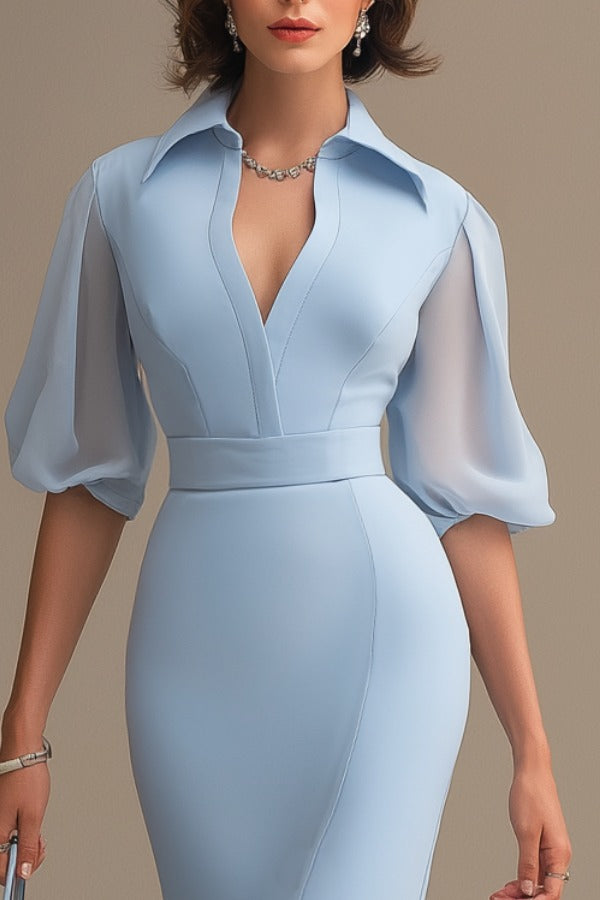 Collared Deep V-Neck Sheath Dress with Sheer Sleeves