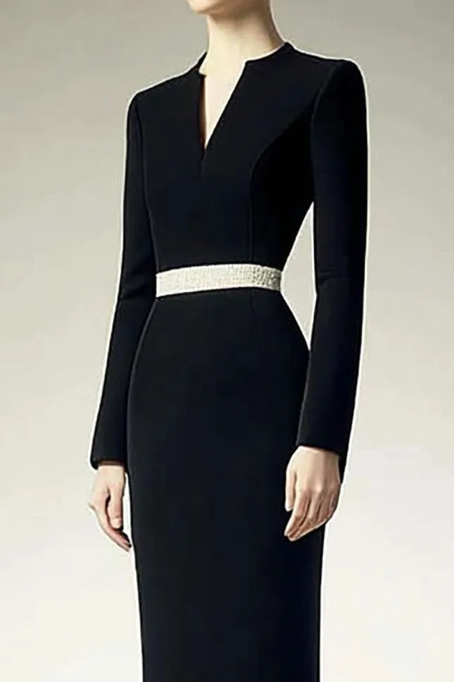 Long Sleeve Slit Neck Column Dress with Beaded Waist