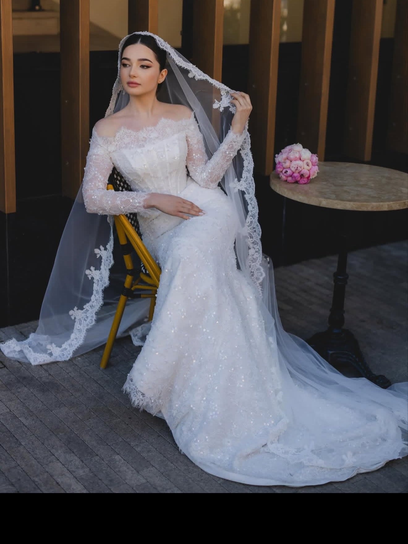 Off-Shoulder Lace Mermaid Wedding Dress with Long Sleeves
