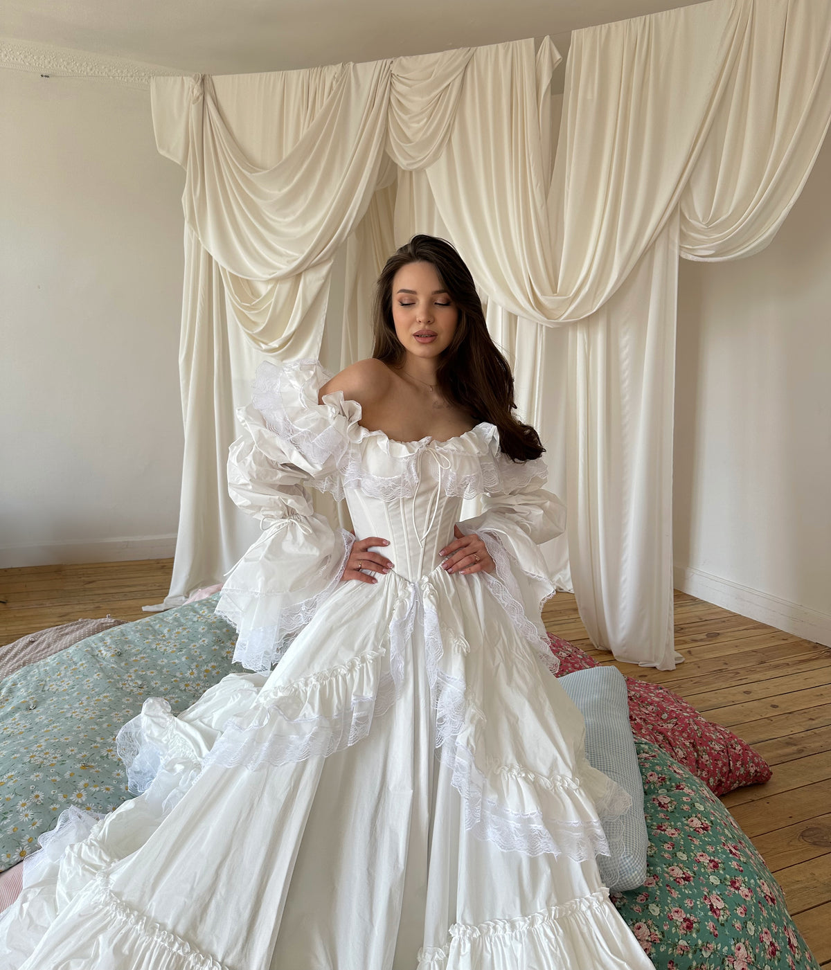 Off-Shoulder Corset Ball Gown with Ruffle Tiers