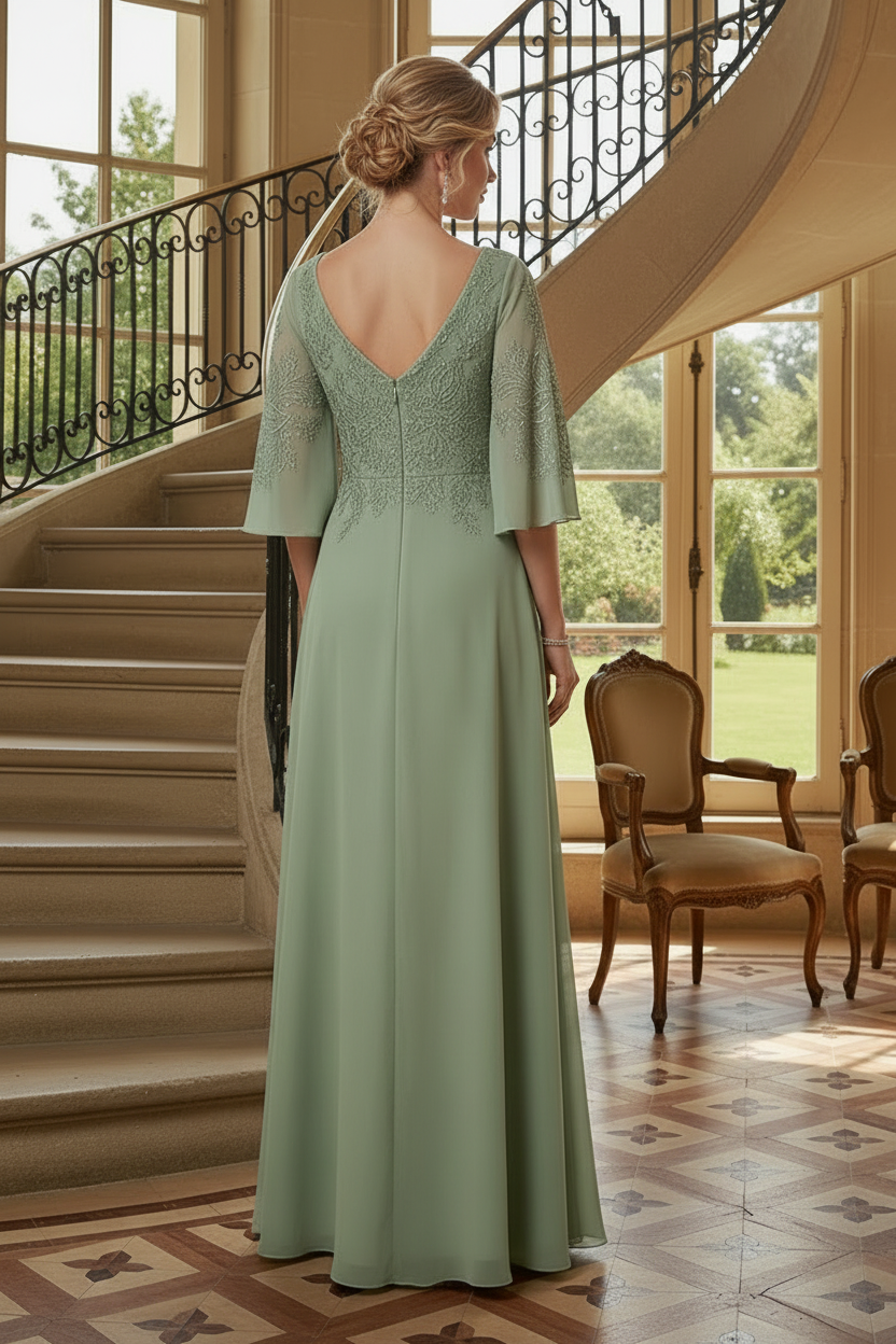 V-Neck Embroidered Chiffon Gown with Flutter Sleeves