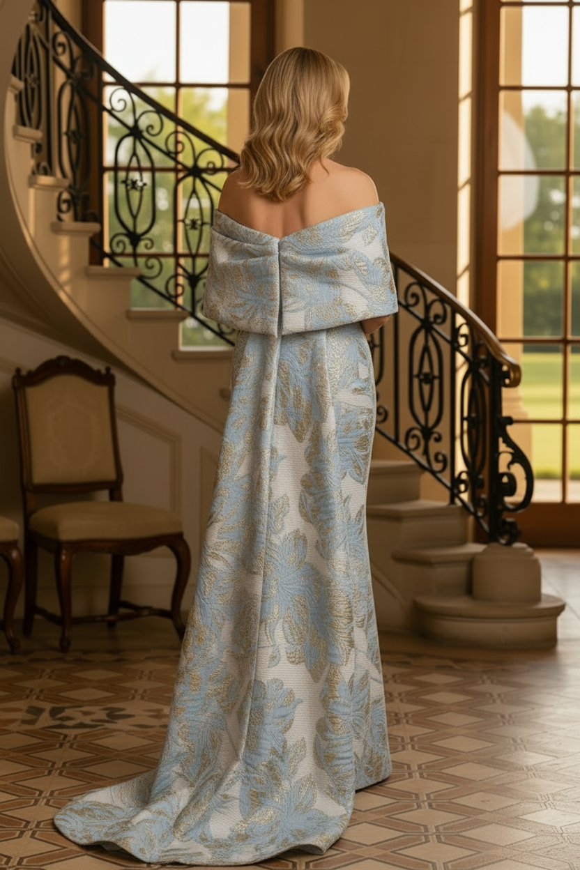 Off-the-Shoulder Jacquard Gown with Cape Train