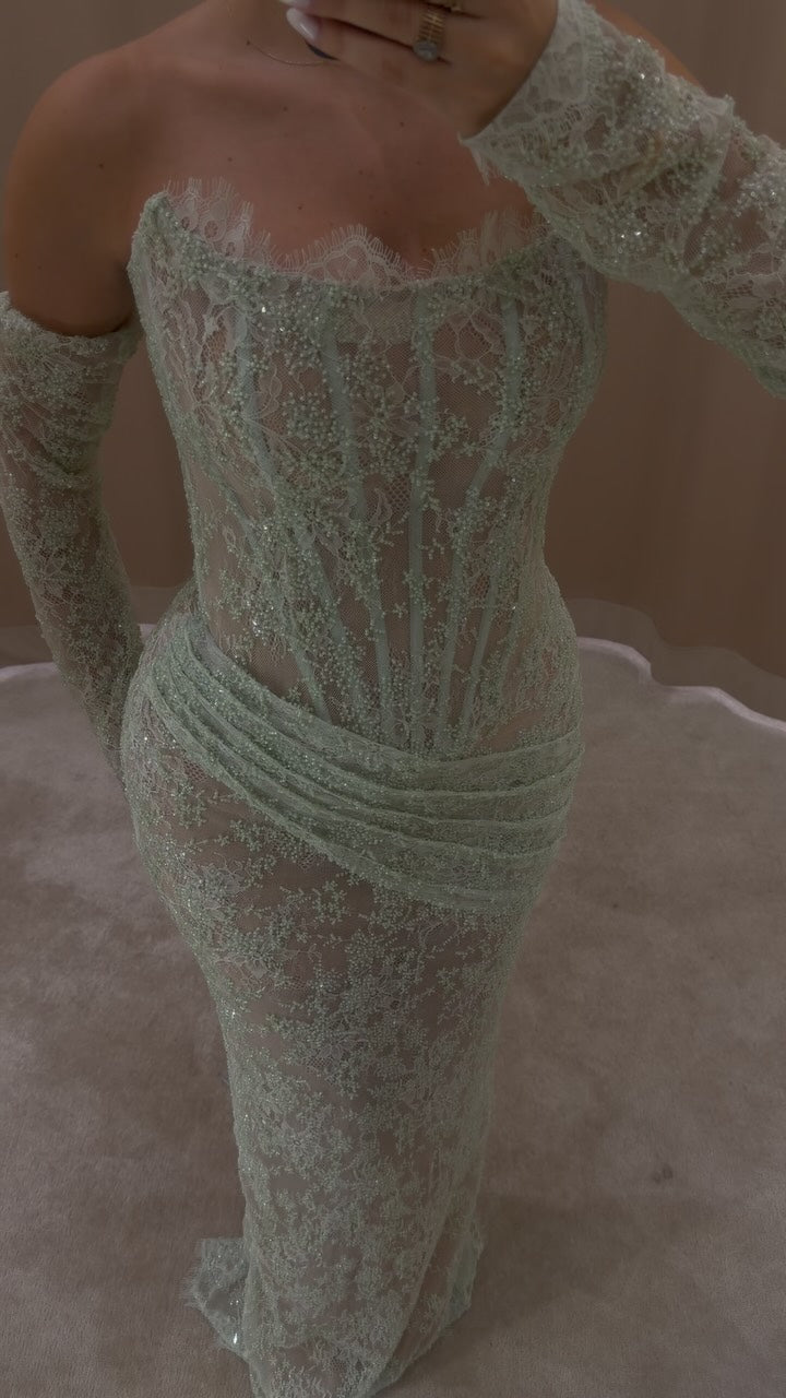 Corset Lace Evening Gown with Detached Sleeves