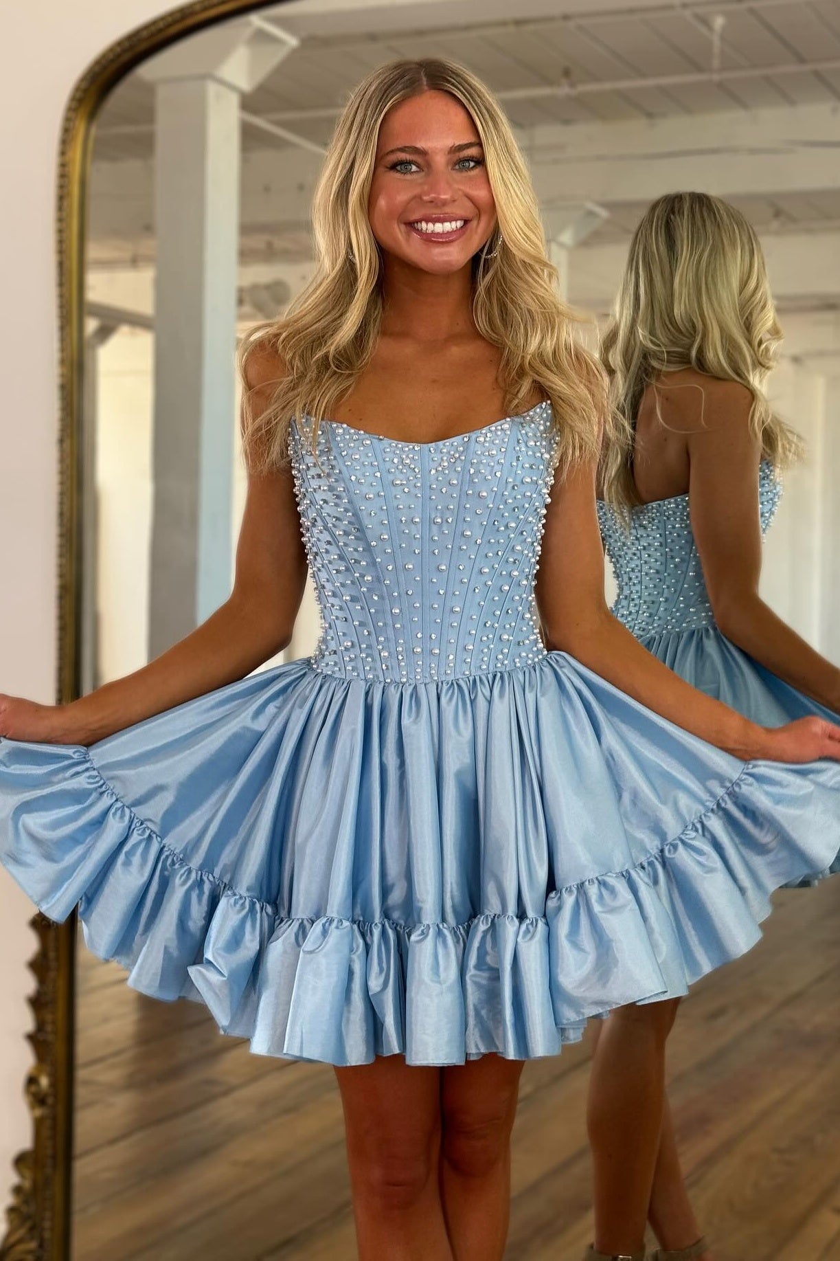 Pearl Beaded Corset Ruffle Mini Dress