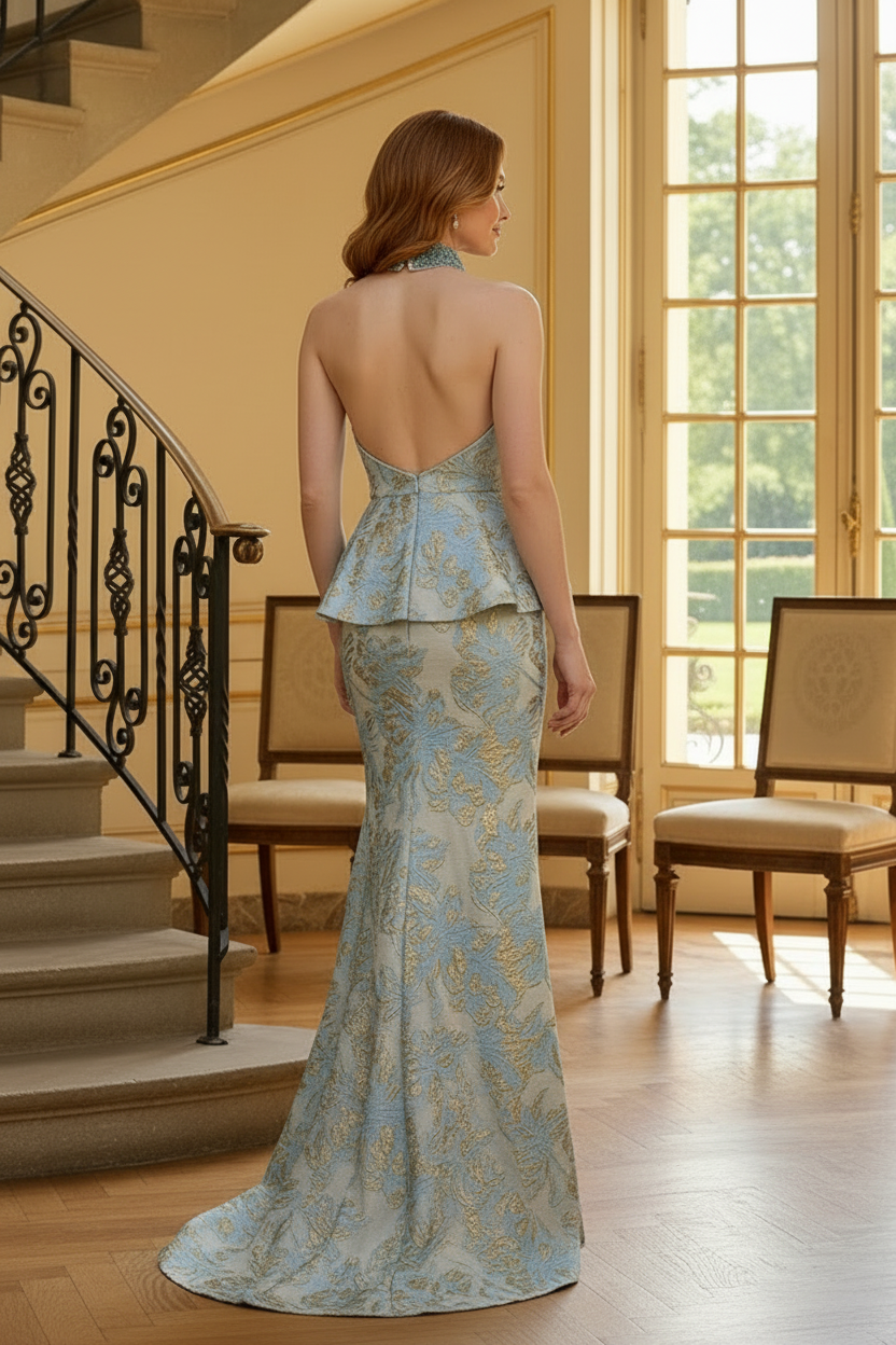 Halter Peplum Jacquard Evening Gown