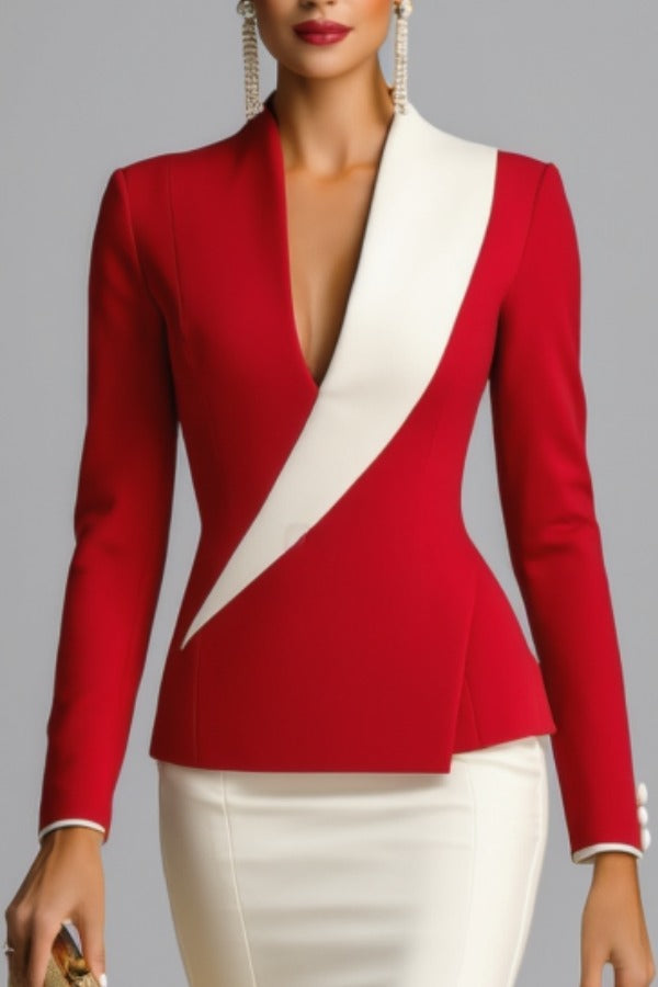 Asymmetrical Lapel Blazer and Knee-Length Skirt Suit