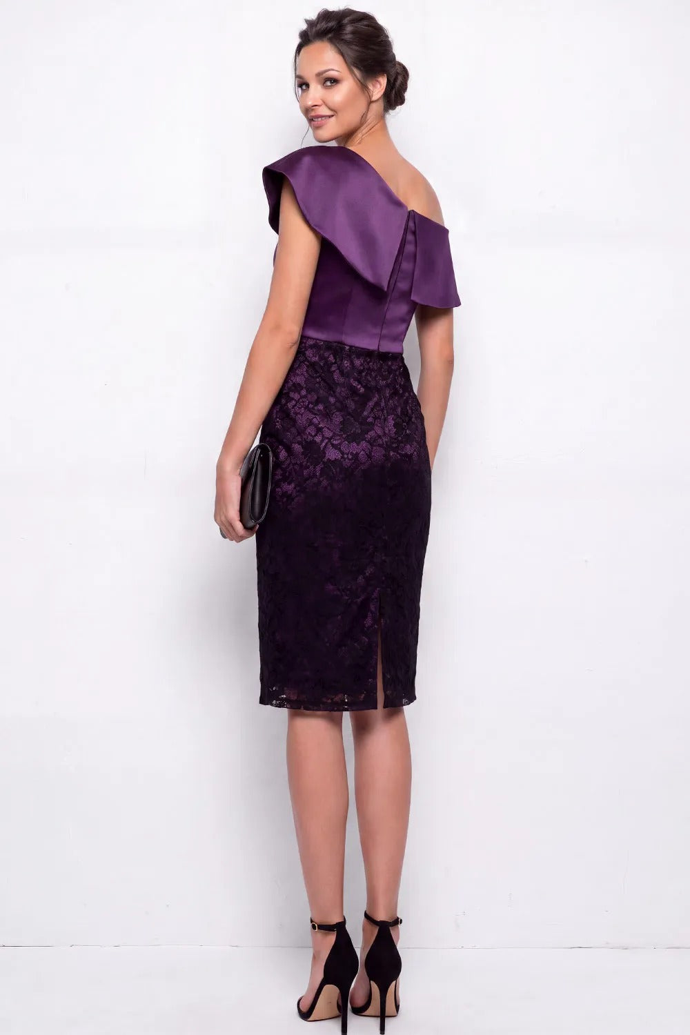 One-Shoulder Satin & Lace Knee-Length Dress