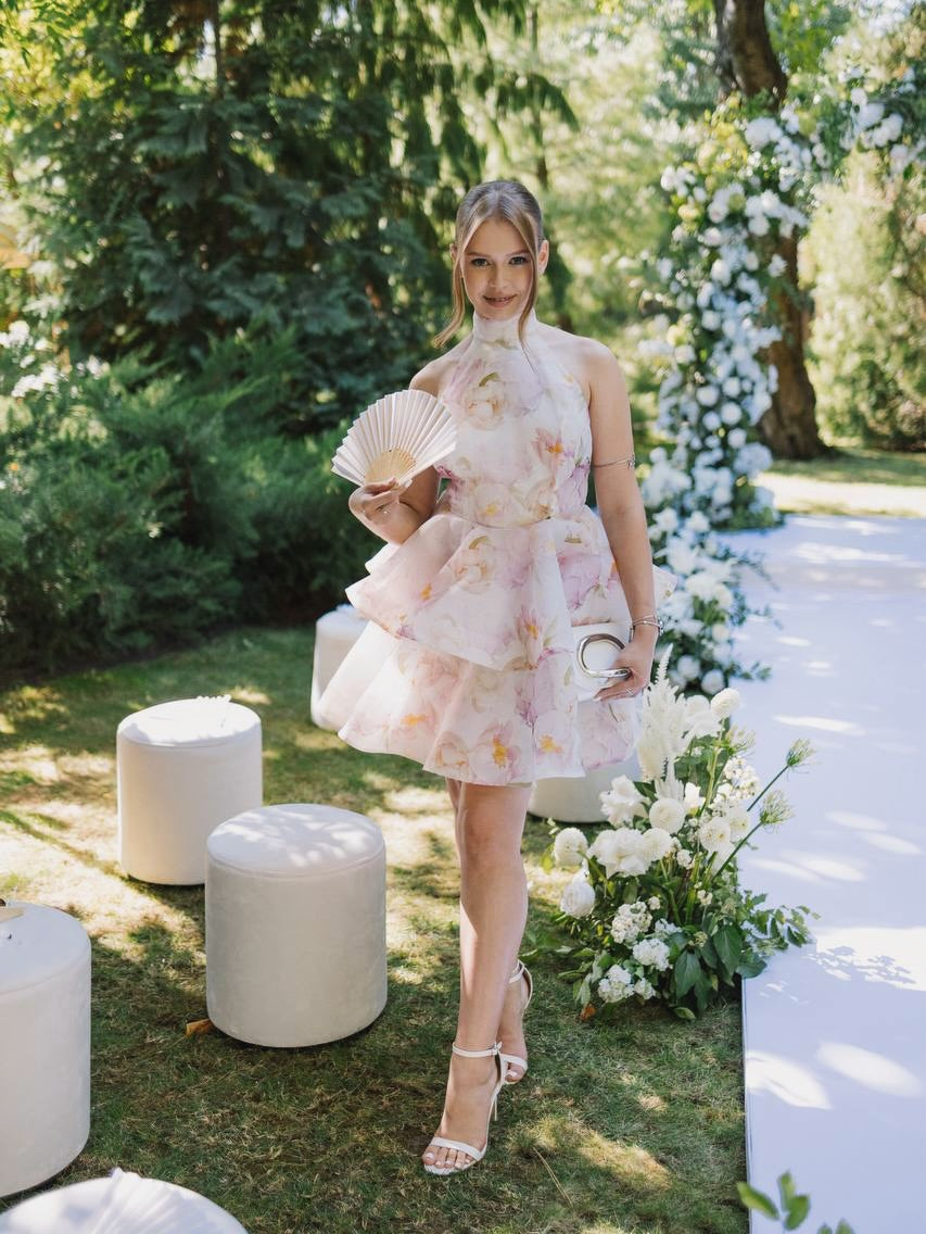 Floral Tiered Halter Mini Dress with Open Back