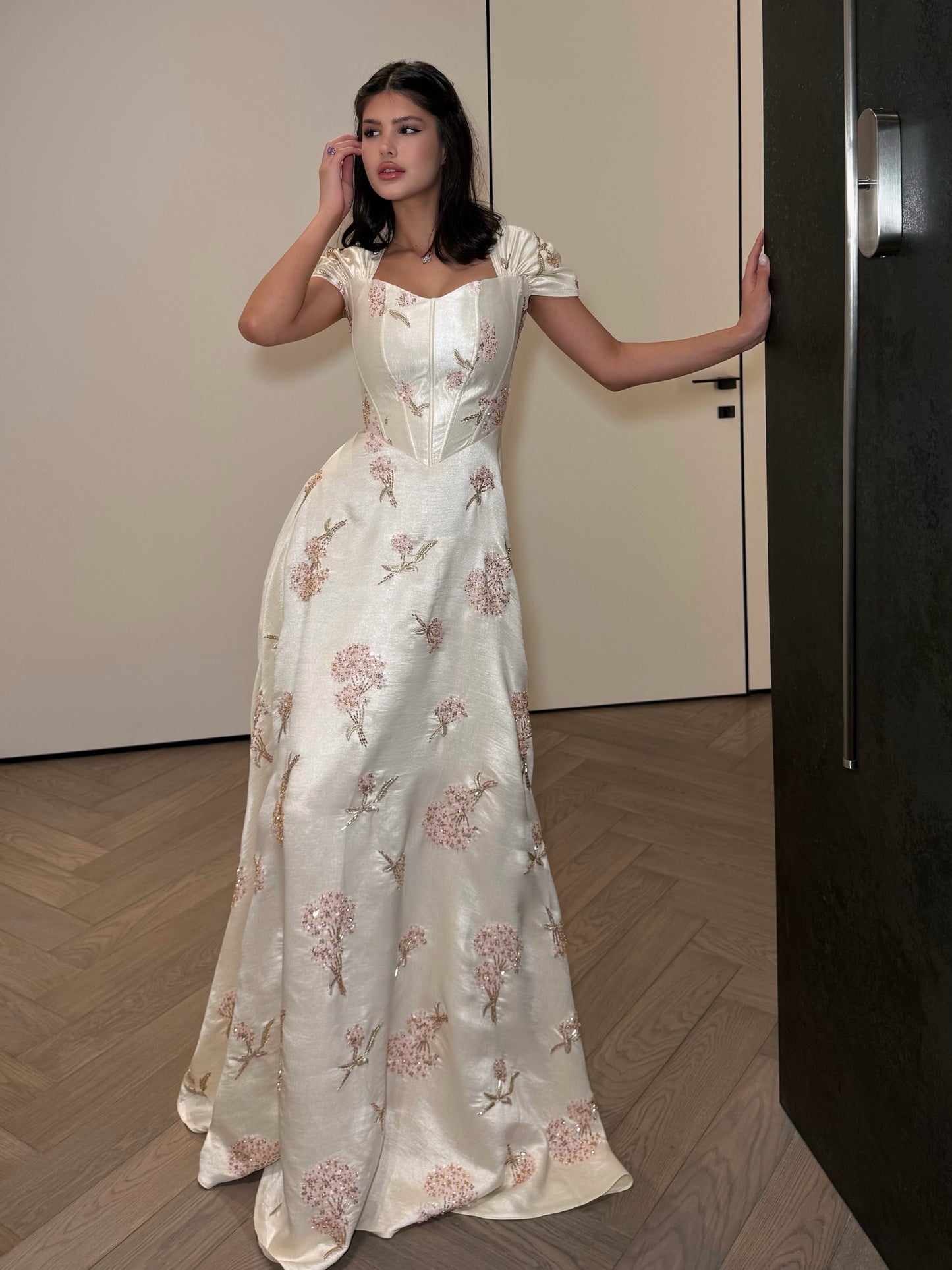 Embroidered Corset Gown with Cap Sleeves