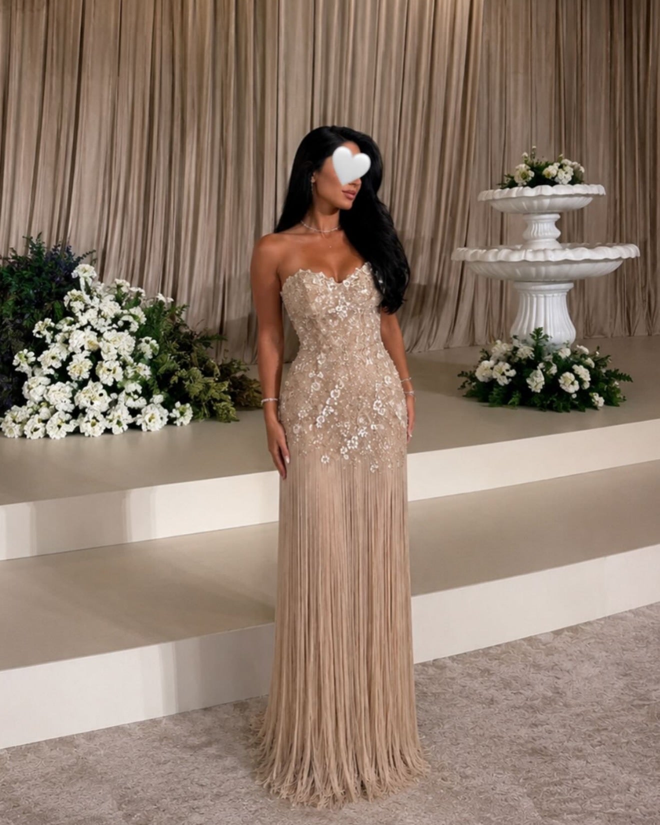 Embellished Fringe Strapless Evening Gown