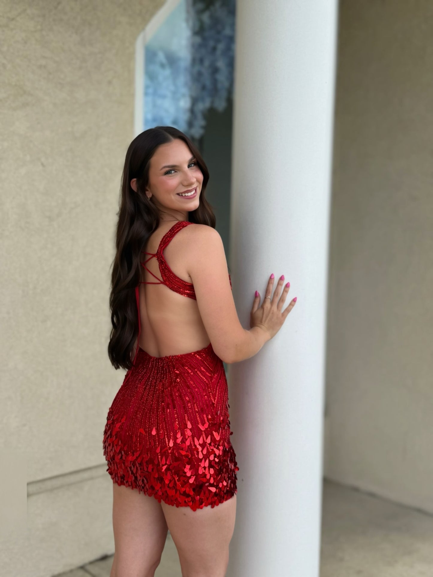 Beaded Sequin Cut-Out Open Back Cocktail Dress