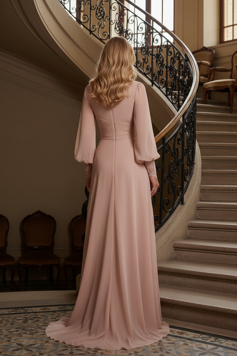 High-Neck Pleated Gown with Lace Appliqués