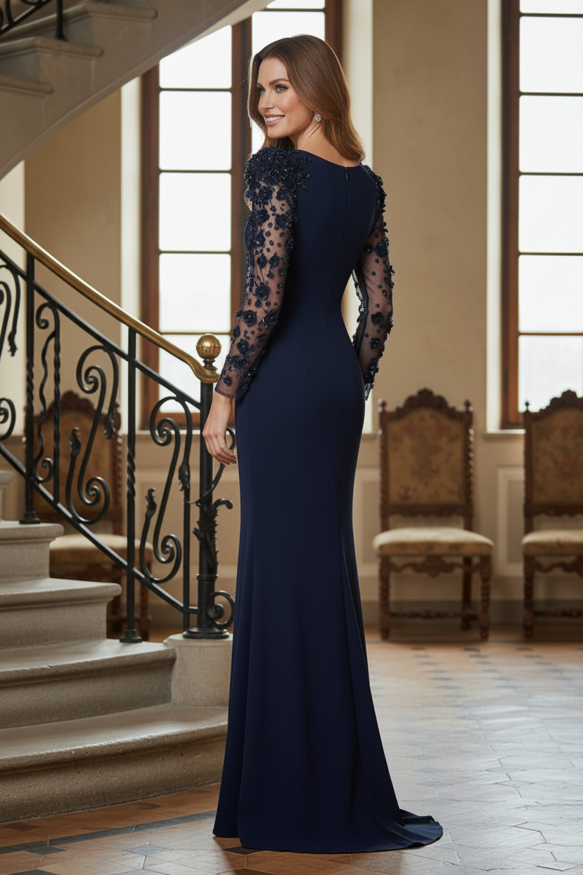 Long Sleeve Gown with 3D Floral Illusion Sleeves