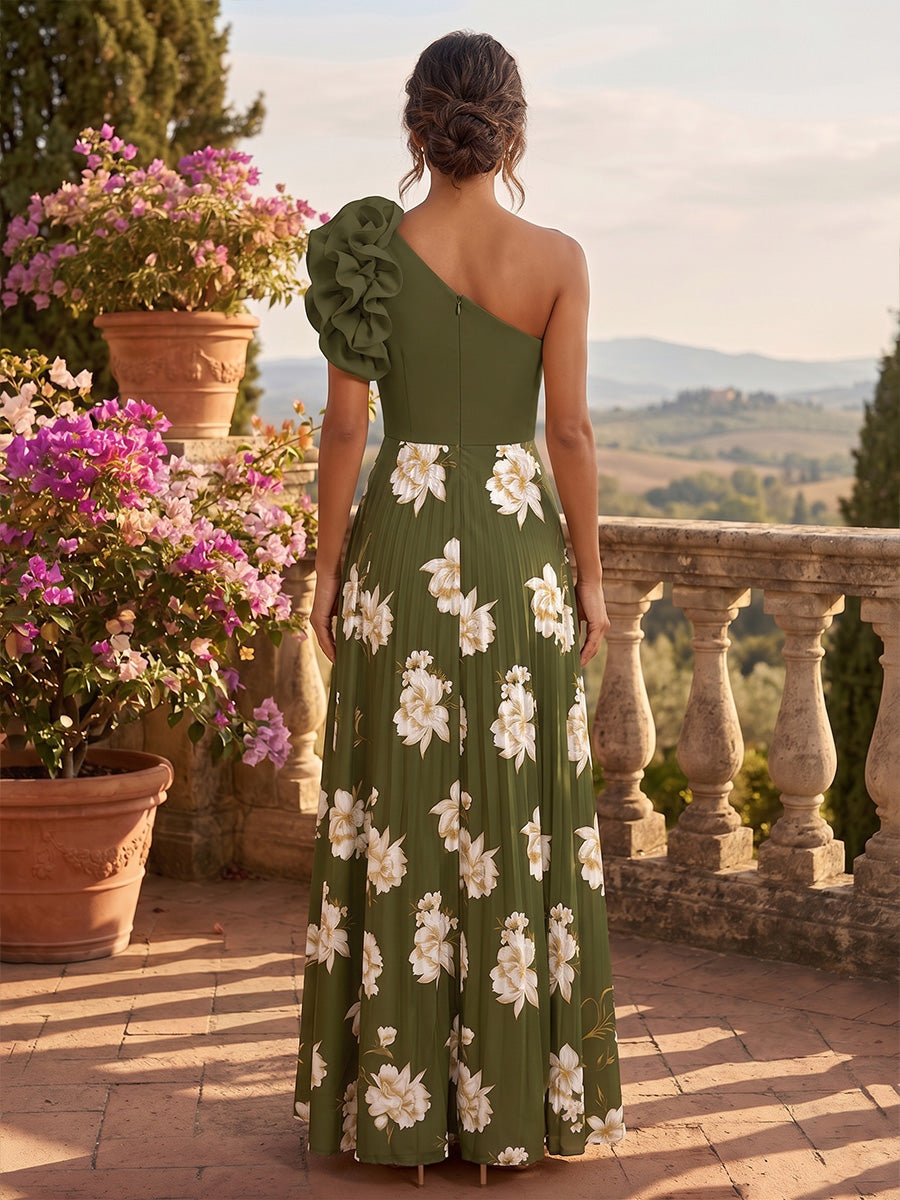 One-Shoulder Ruffle Floral Pleated Maxi Dress