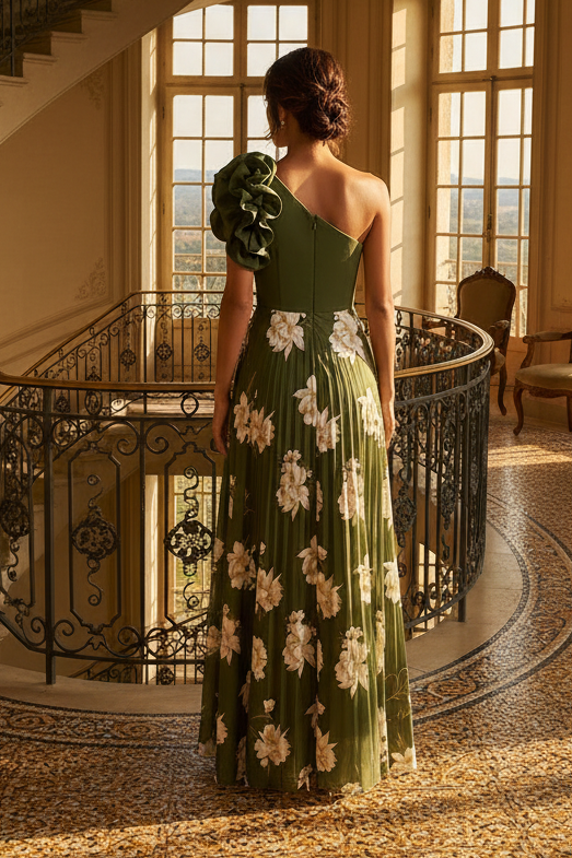 One-Shoulder Ruffle Floral Pleated Maxi Dress